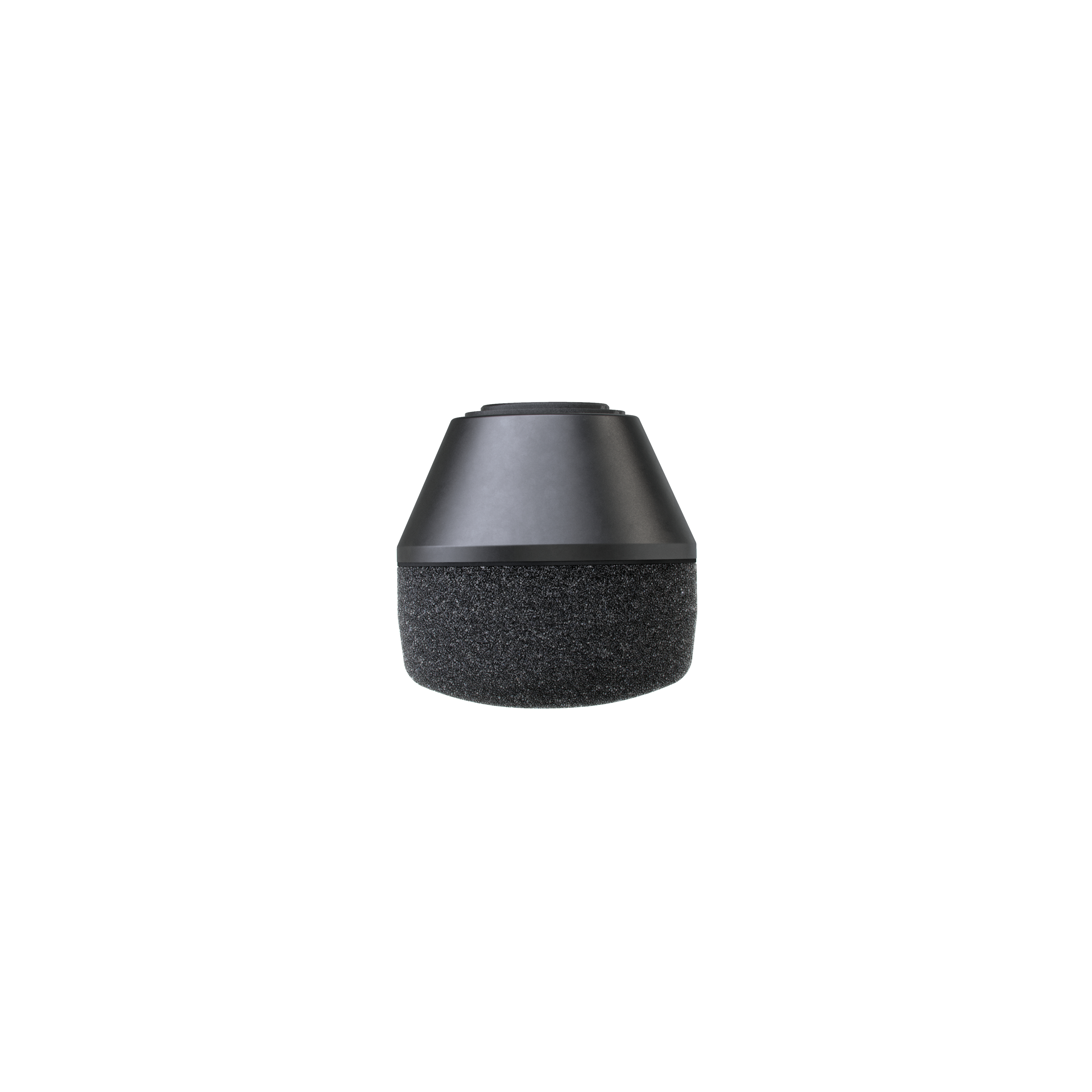 Ein schwarzer Mikrofon-Popfilter für Aufnahmen, platziert auf weißem Hintergrund.