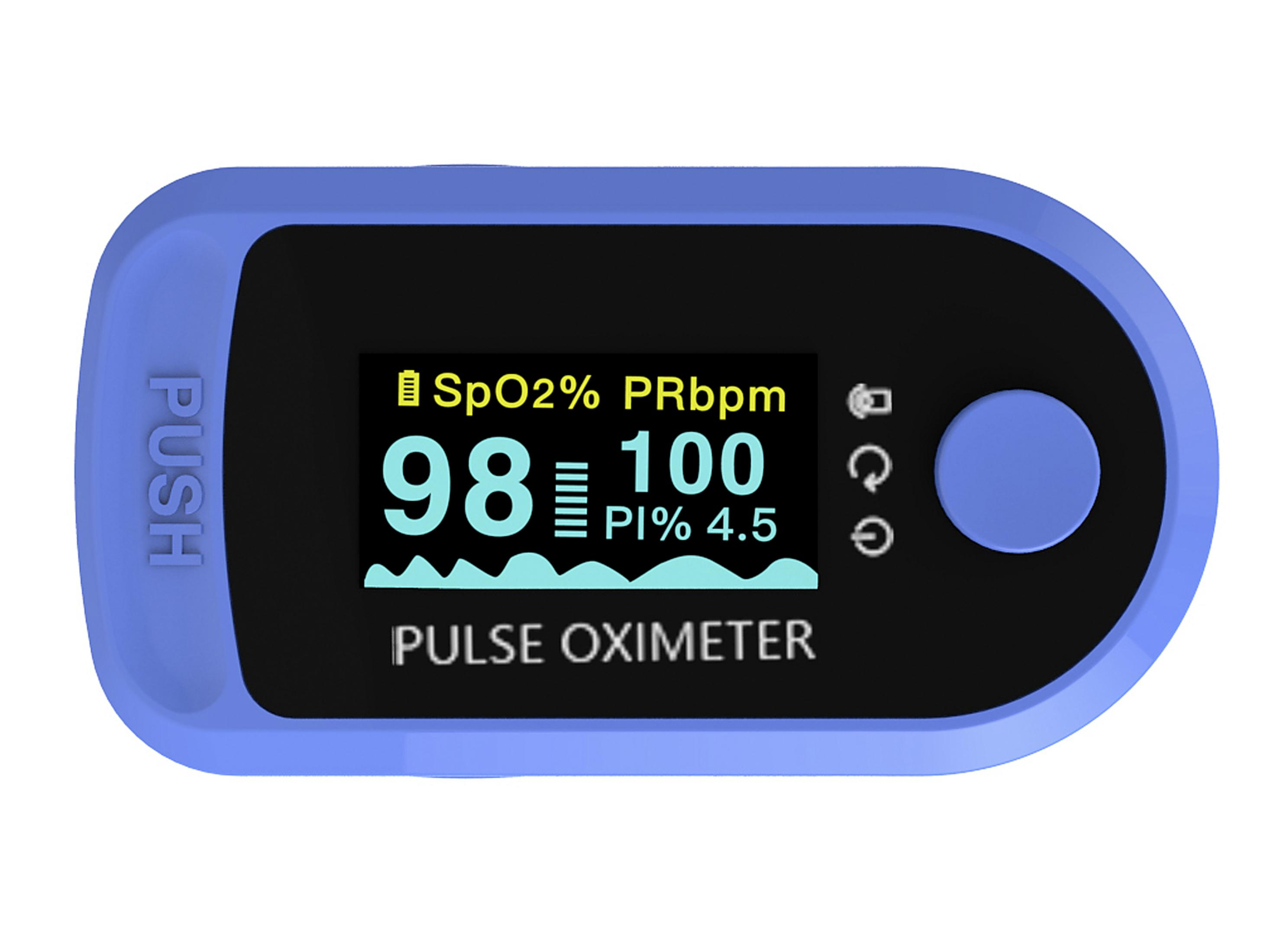 Ein blaues Pulsoximeter mit Display. Das Display zeigt SpO2 98% und PRbpm 100 an.