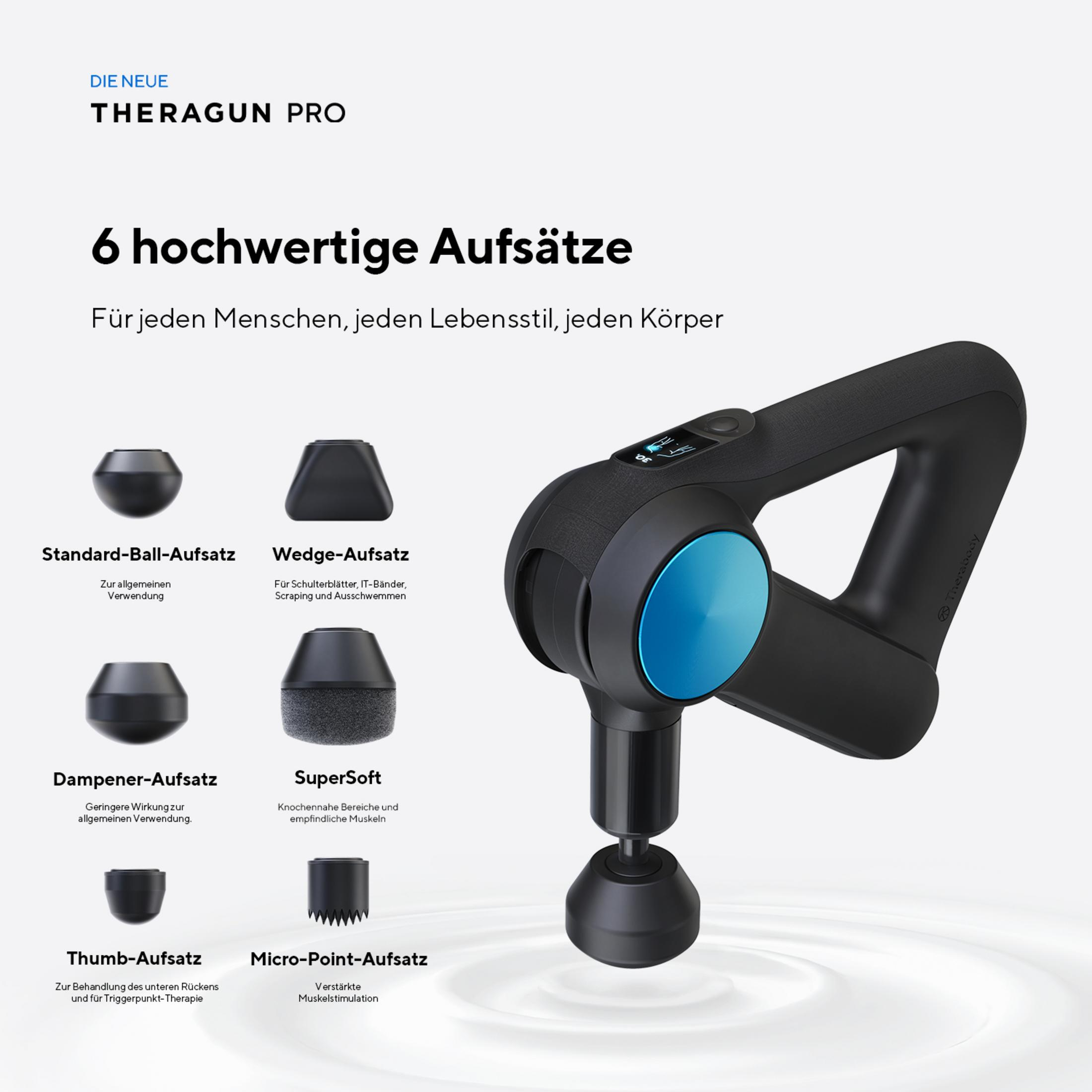 Masajeador Theragun Pro con 6 accesorios. Texto describe cada accesorio y su uso. Fondo blanco.