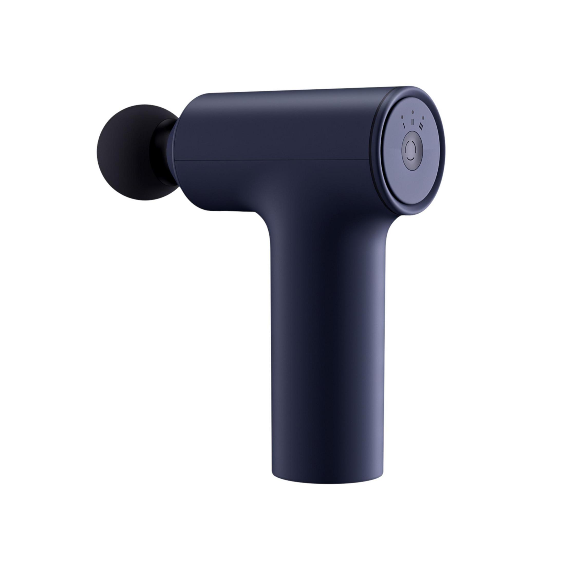 Una pistola massaggiante portatile blu navy, design a forma di T, isolata su sfondo bianco.