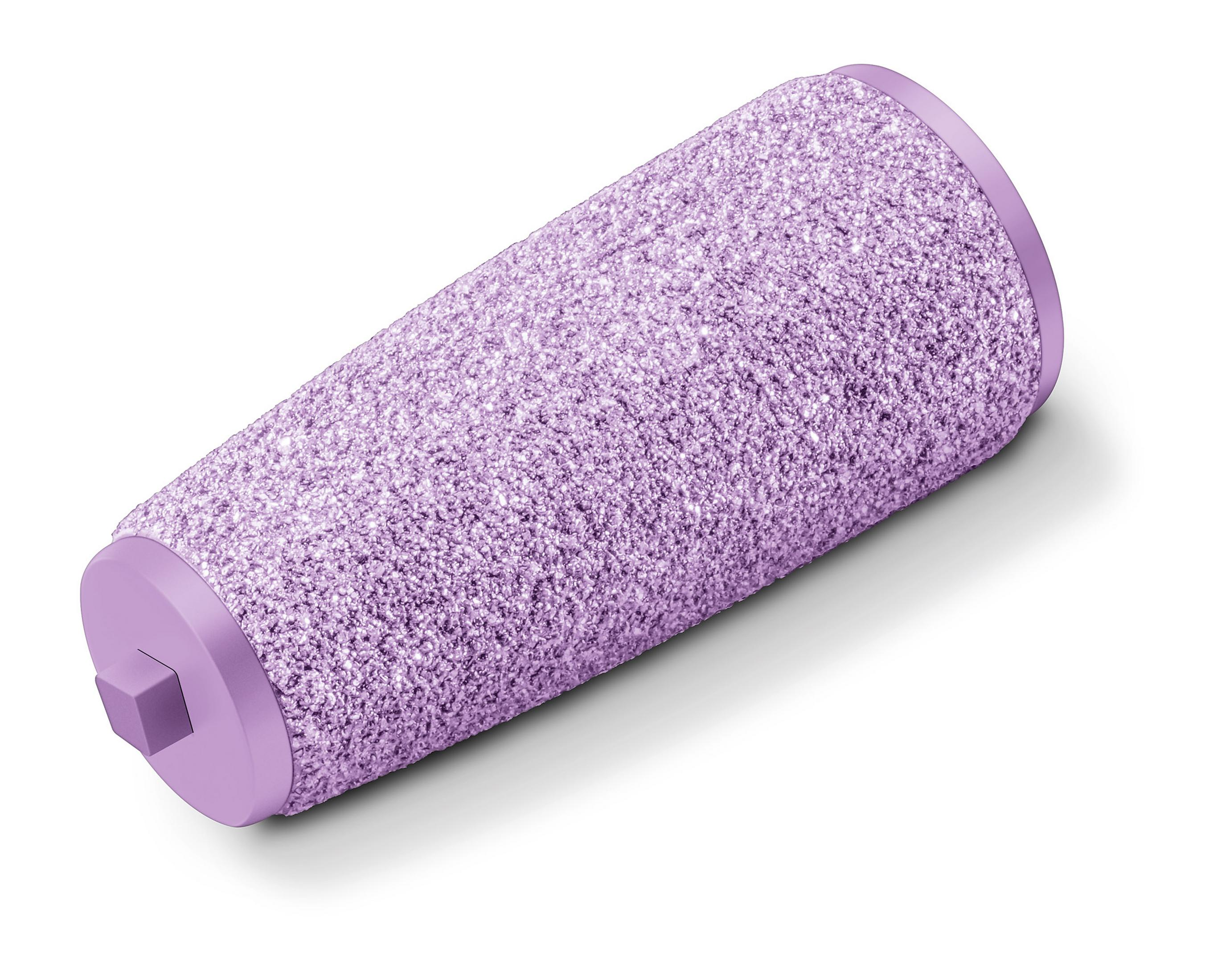 Una lima per piedi viola su sfondo bianco. Cilindrica con superficie glitterata ed estremità viola.