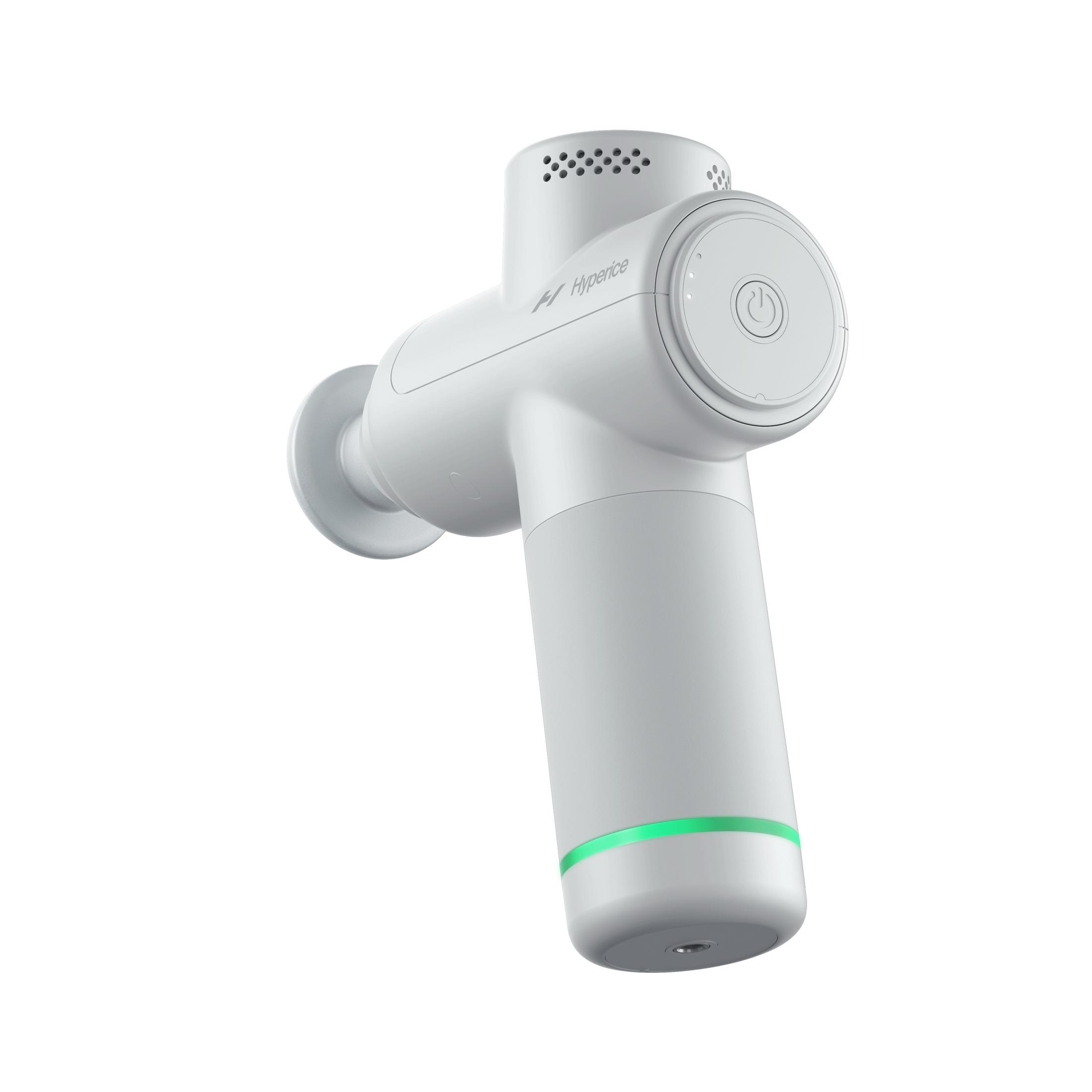 Pistola de masaje blanca con luz verde y diseño ergonómico.