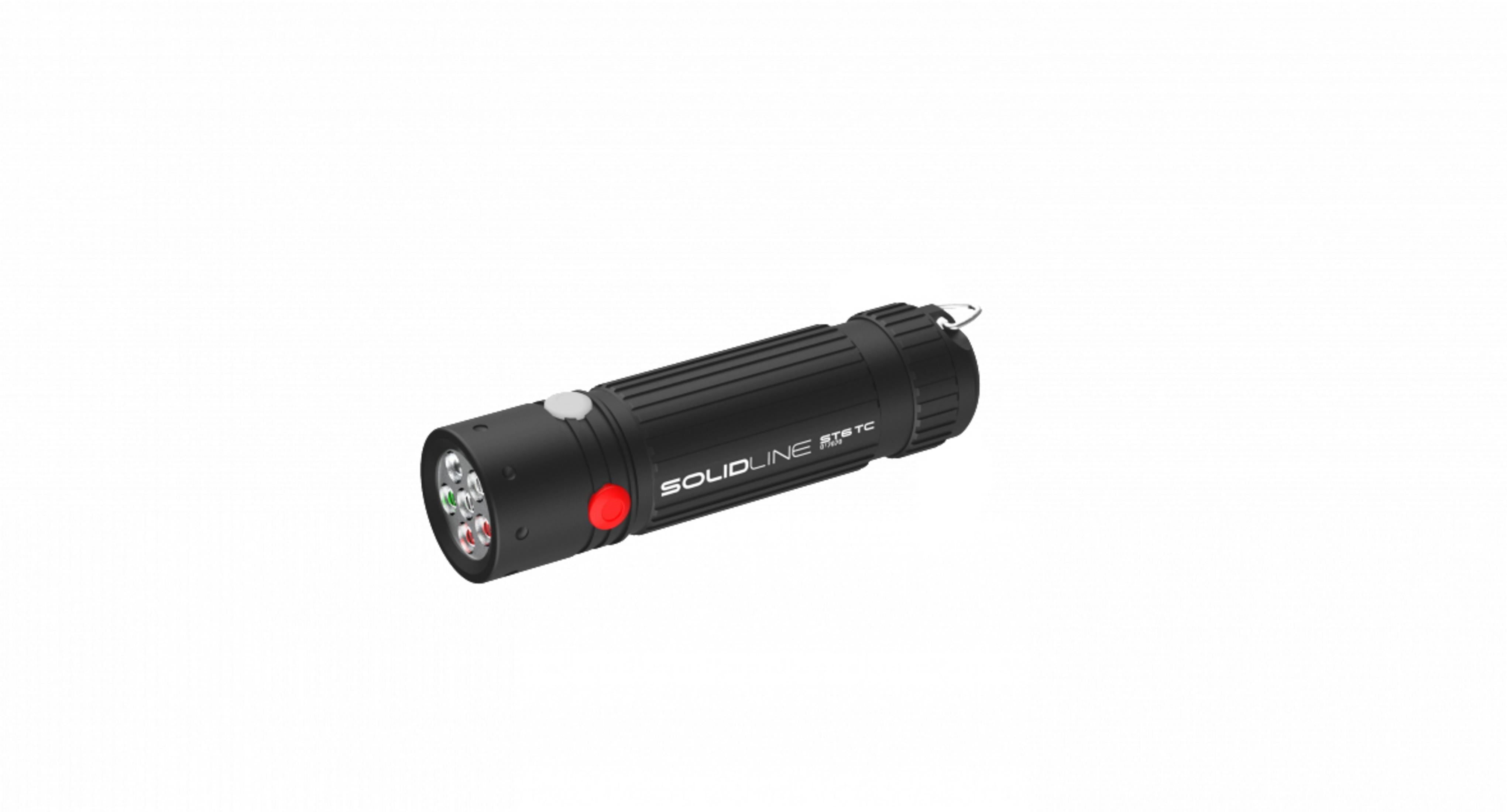 Schwarze Taschenlampe mit rotem Knopf und farbigen Lichtern vorne.