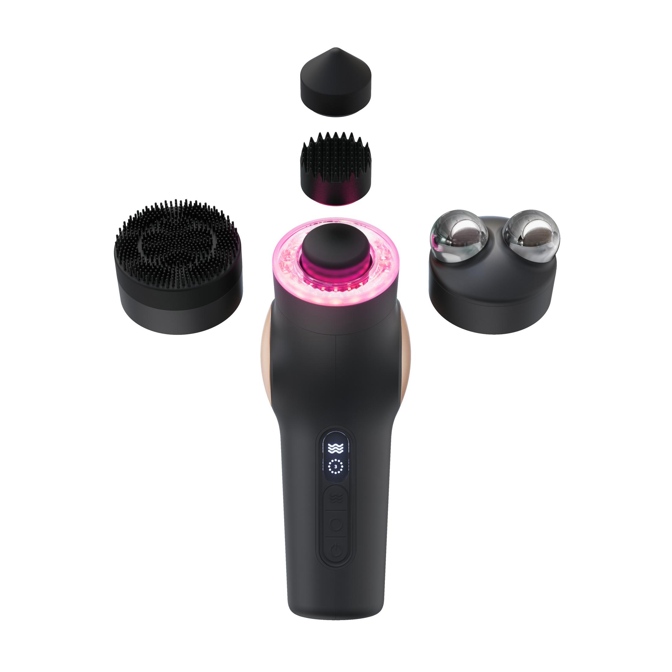 Dispositivo de limpieza facial negro con varios accesorios. Incluye un cepillo, un cabezal de masaje y más.