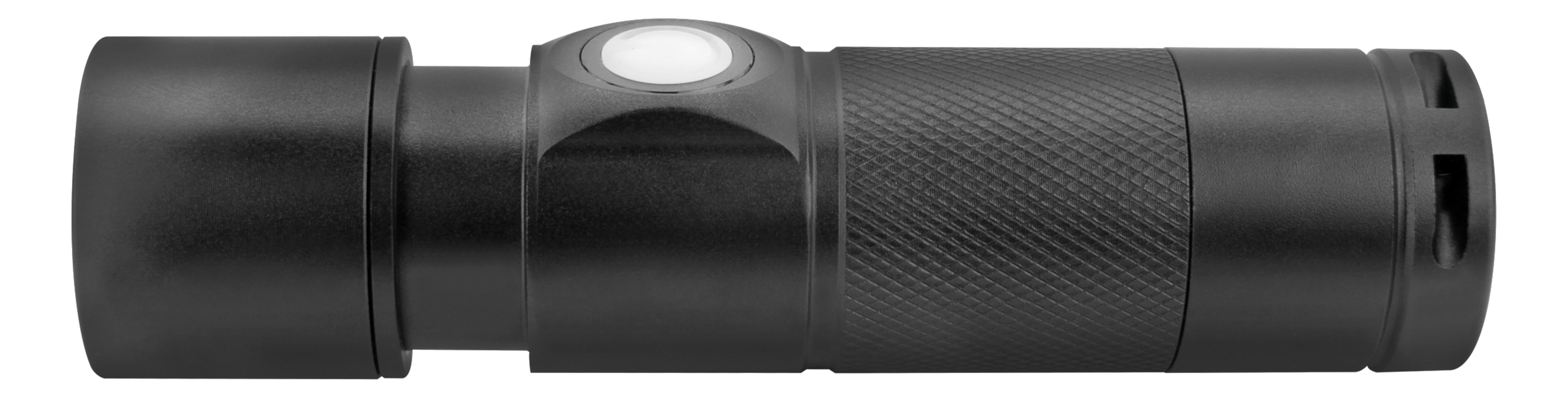 Czarna latarka z teksturowanym uchwytem i białym przyciskiem. Latarka jest cylindryczna.