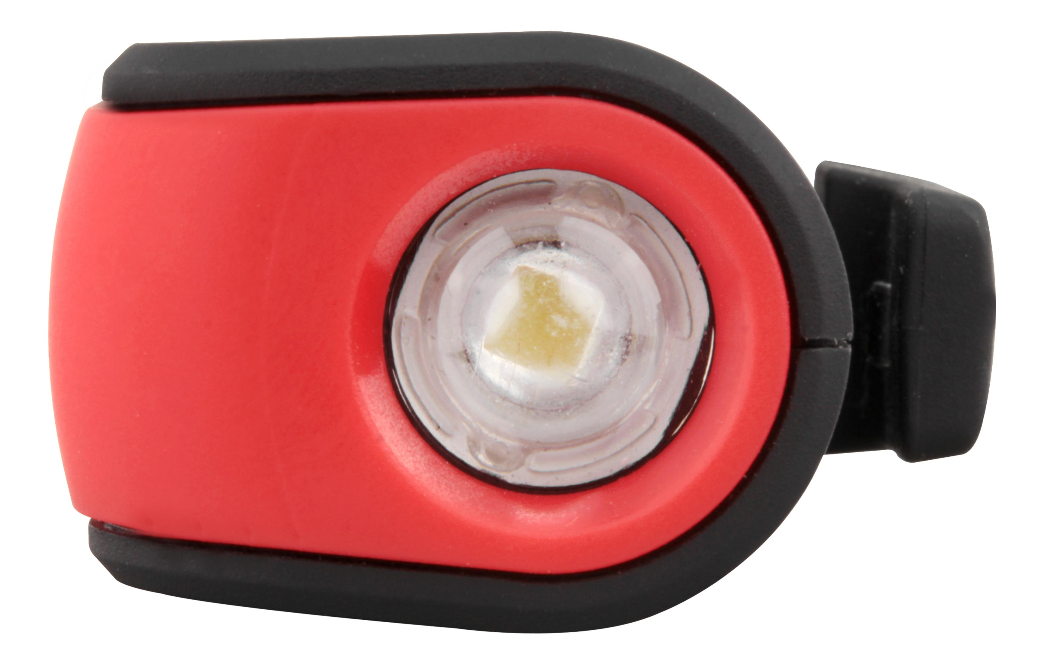 Rote und schwarze LED-Stirnlampe. Das Licht ist weiß. Isoliert auf weißem Hintergrund.