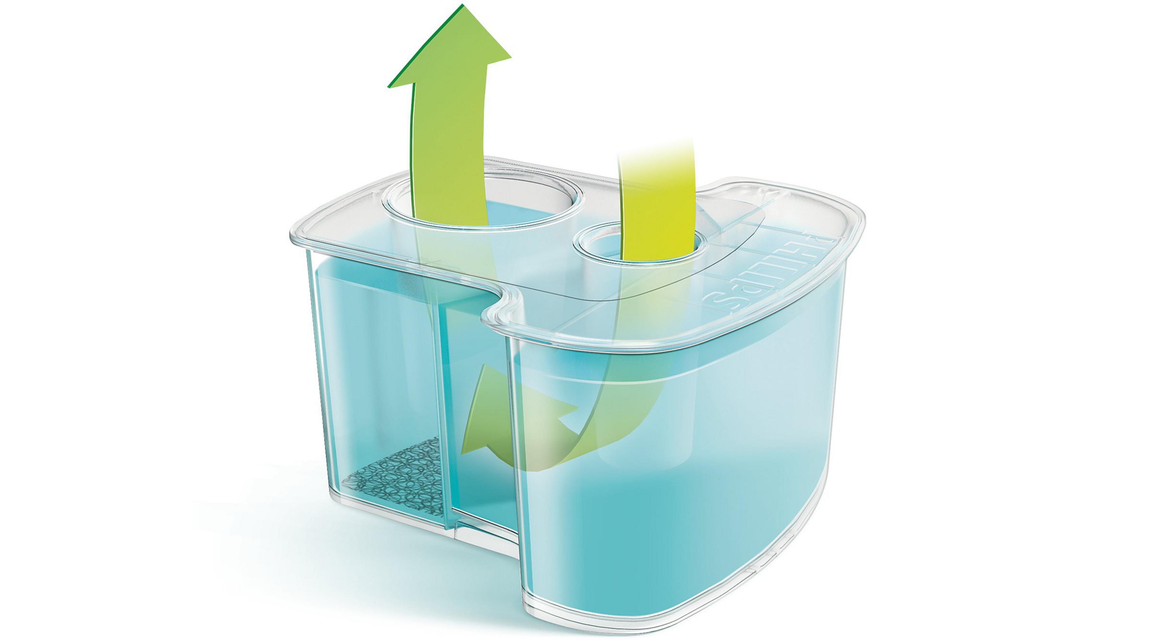 Contenedor plástico transparente con dos compartimentos y flechas verdes. Aislado en blanco.