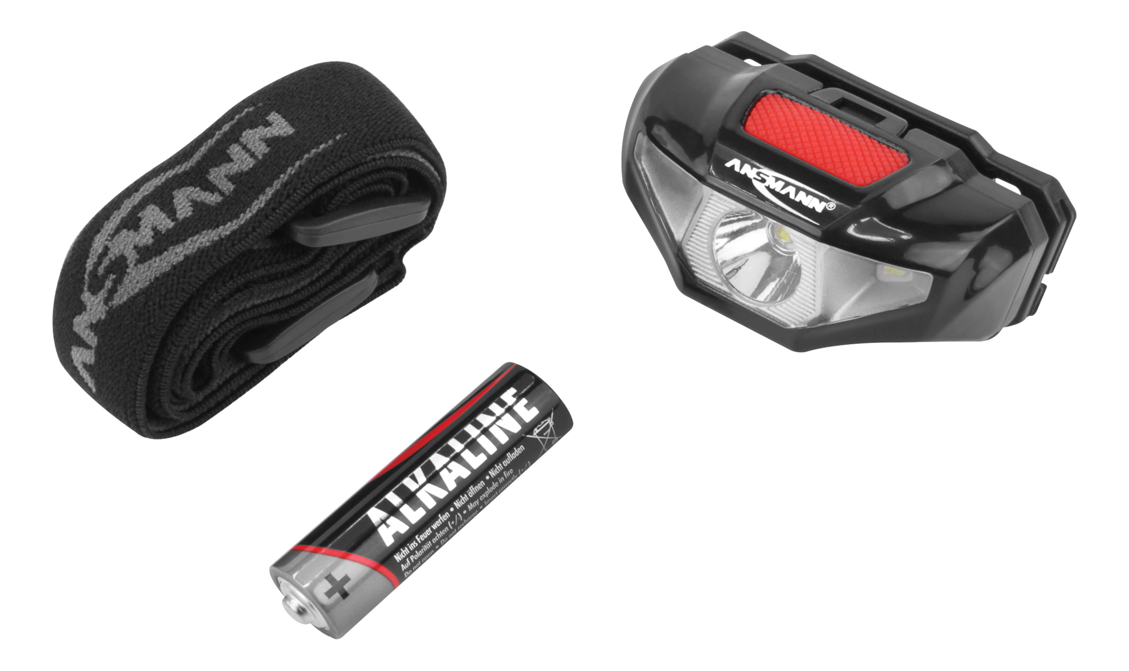 Latarka czołowa z paskiem i baterią. Czarna latarka czołowa z czerwonym akcentem i czarnym paskiem.