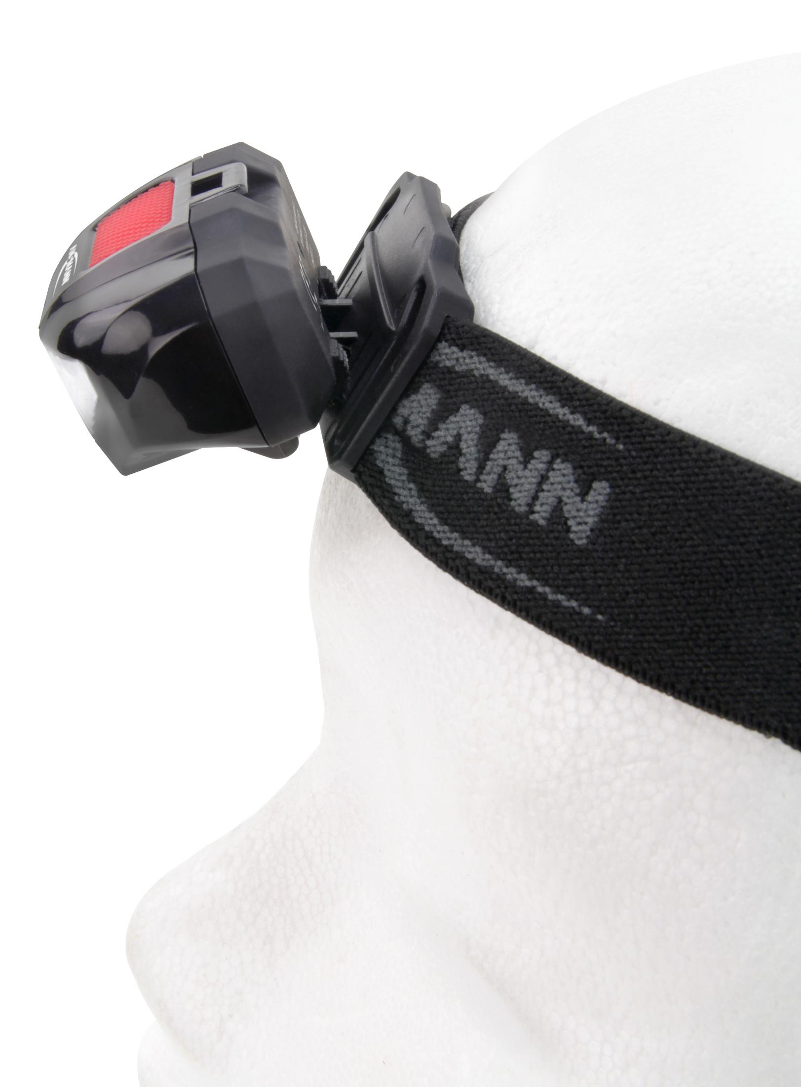 Czołówka na białej głowie manekina. Czarny pasek z szarym tekstem. Lampa jest czarna i czerwona.