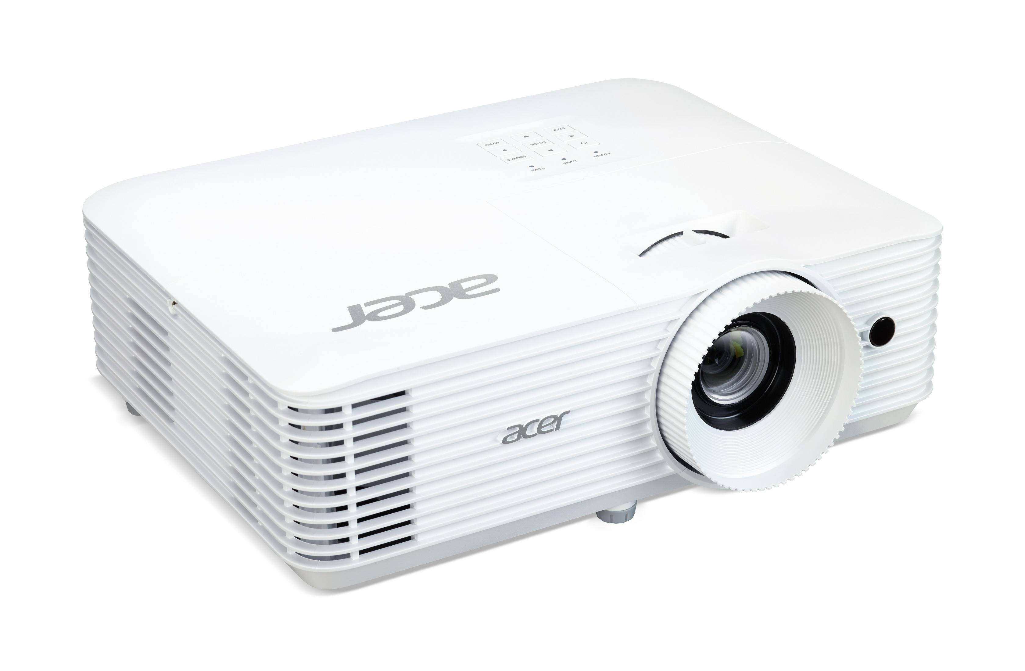 Proyector Acer blanco sobre una superficie blanca. La marca se muestra prominentemente.