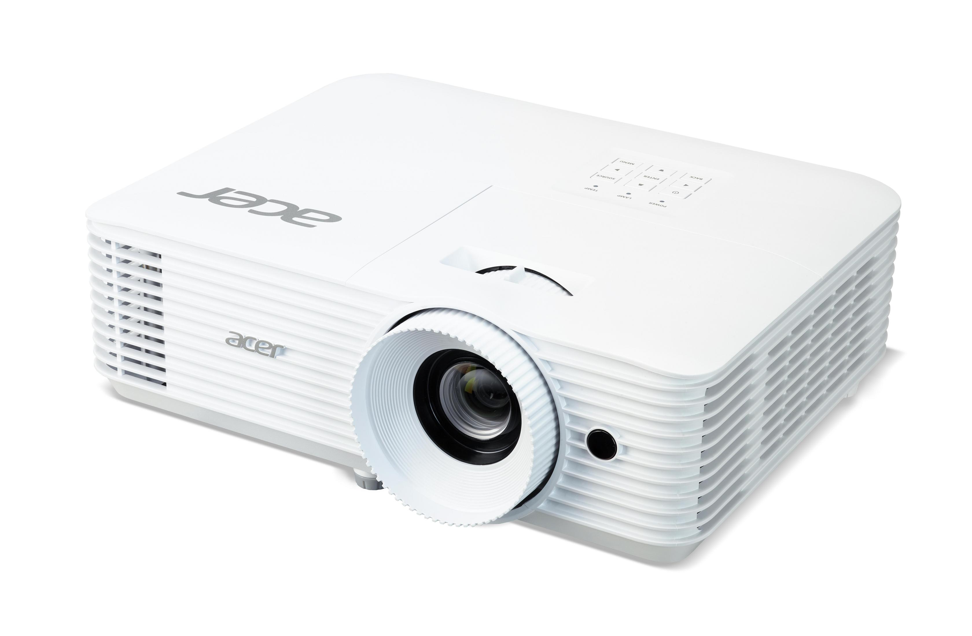Un proyector Acer blanco con lente y panel de control, visto desde un ángulo.