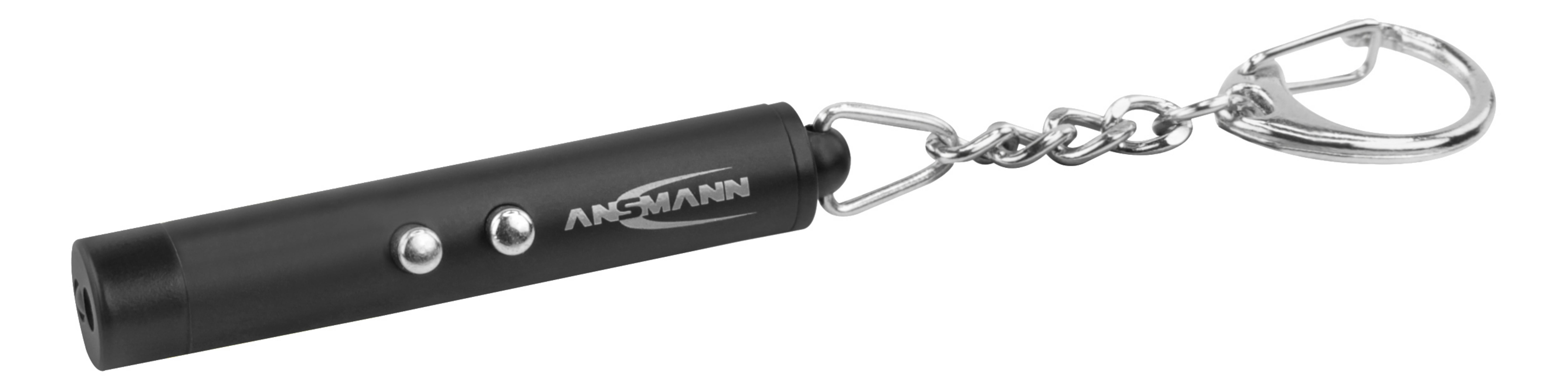 Ein schwarzer Laserpointer mit silbernem Schlüsselanhänger auf weißem Hintergrund.