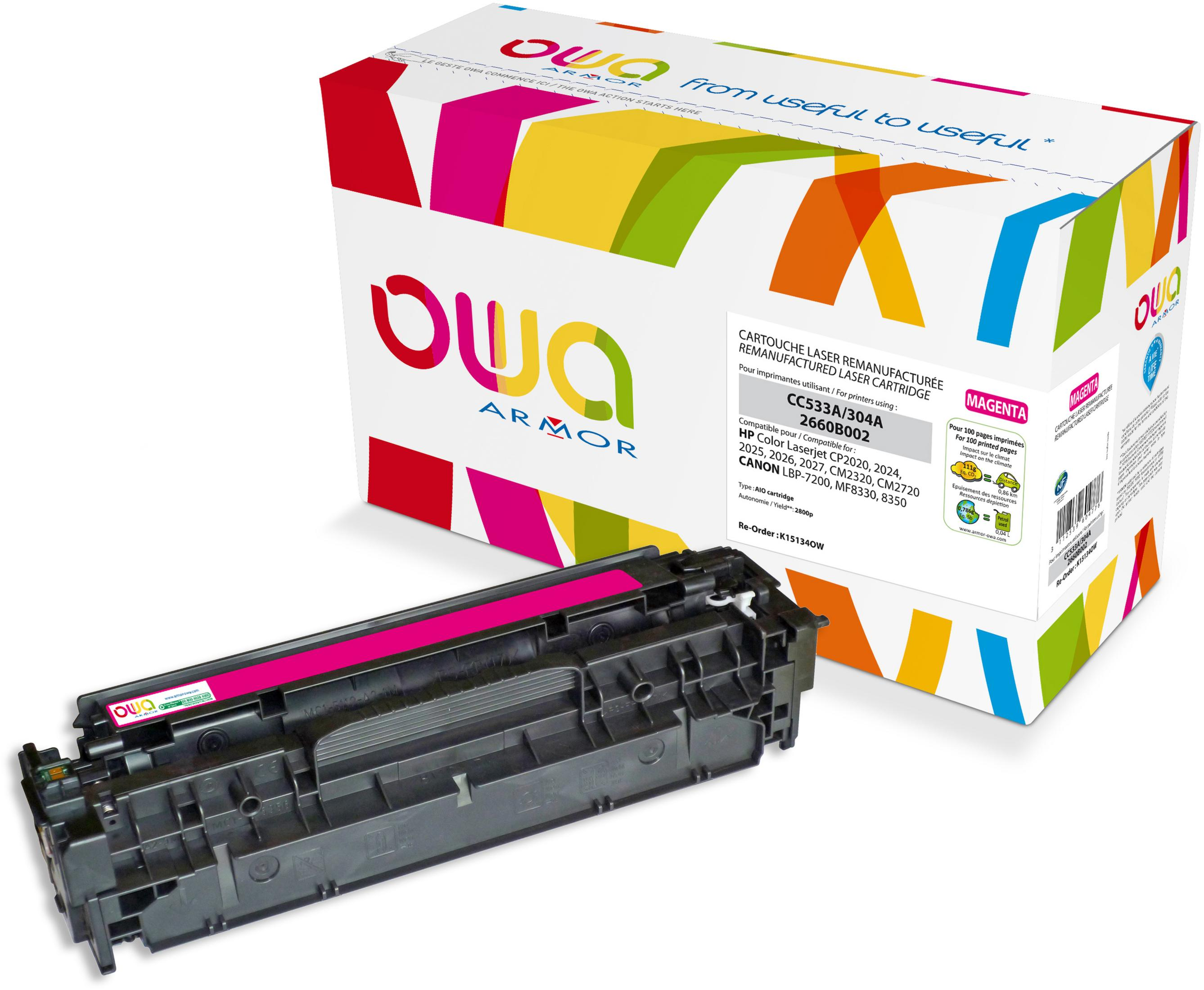 Eine Schachtel mit magentafarbener Laserkartusche für OWA Armor-Drucker, daneben eine offene Kartusche.