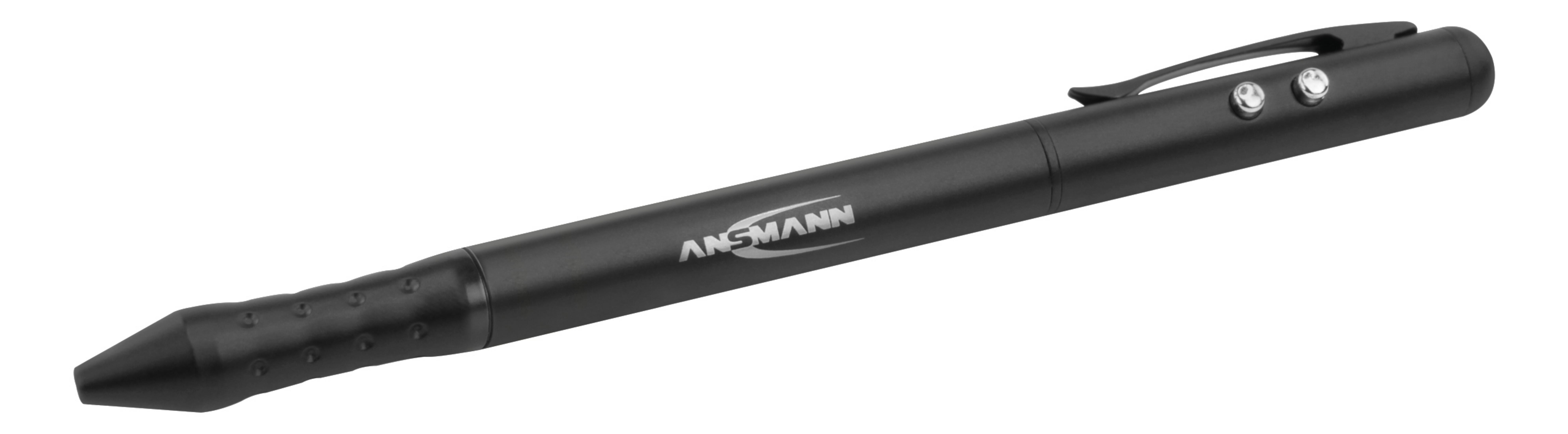 Schwarzer stiftförmiger Laserpointer mit ANSMANN-Logo. Mit Clip und gummierter Griff.