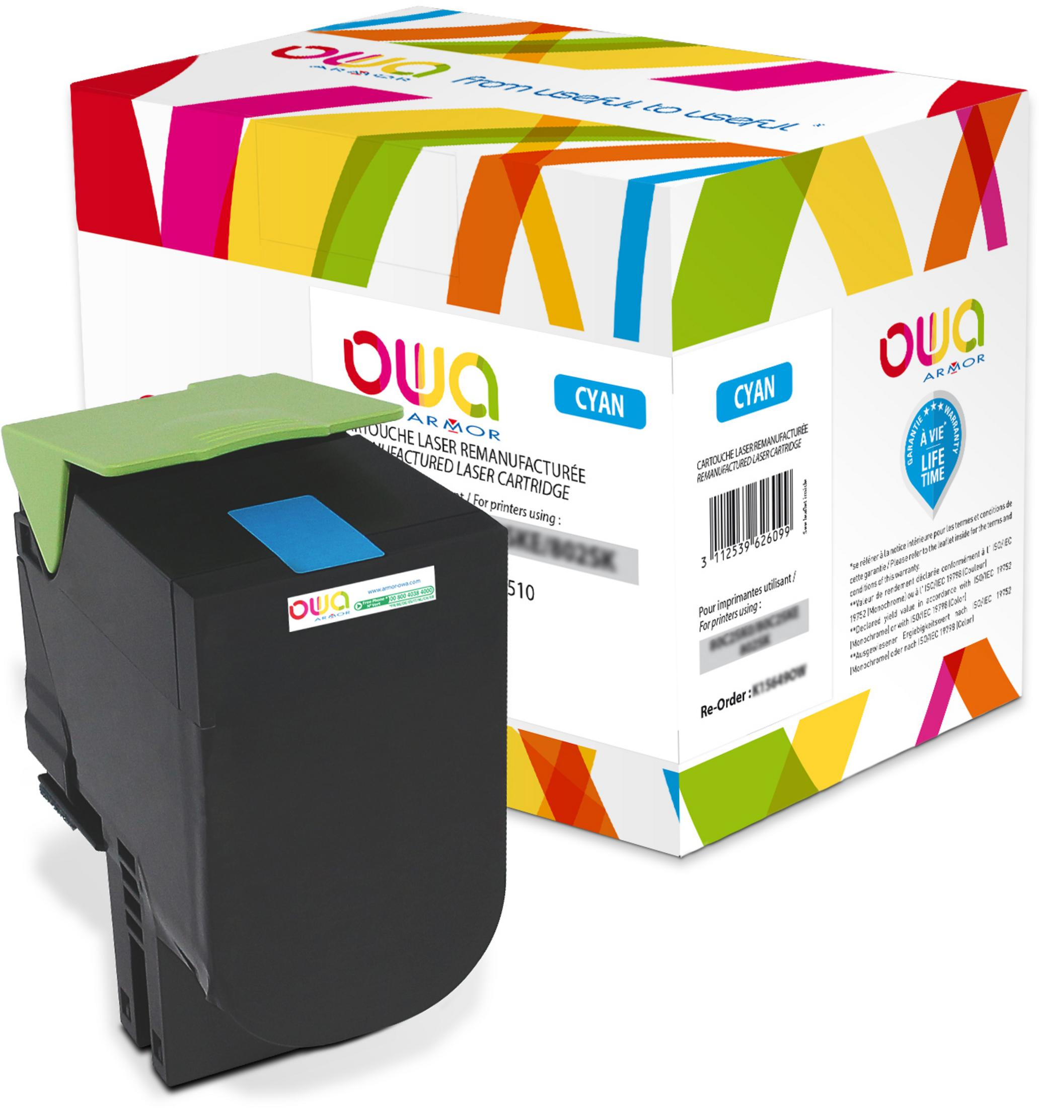 Wkład z tuszem cyjanowym z zieloną górą, obok kolorowego pudełka.