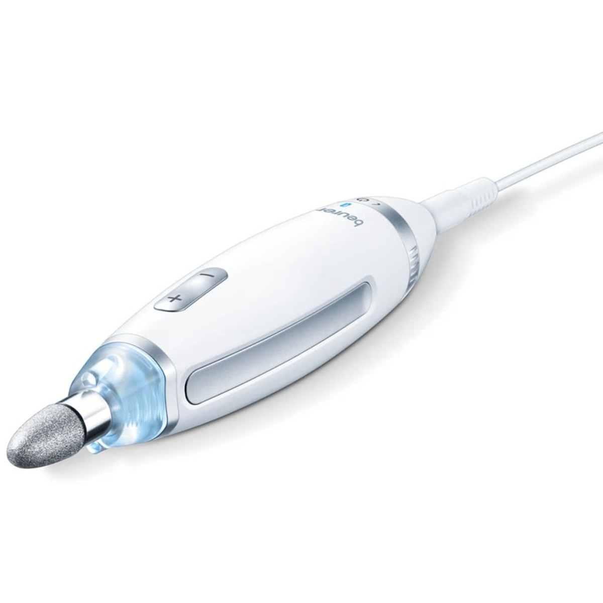 Weißes Fußpflegegerät mit rotierendem Kopf und weißem Kabel.
