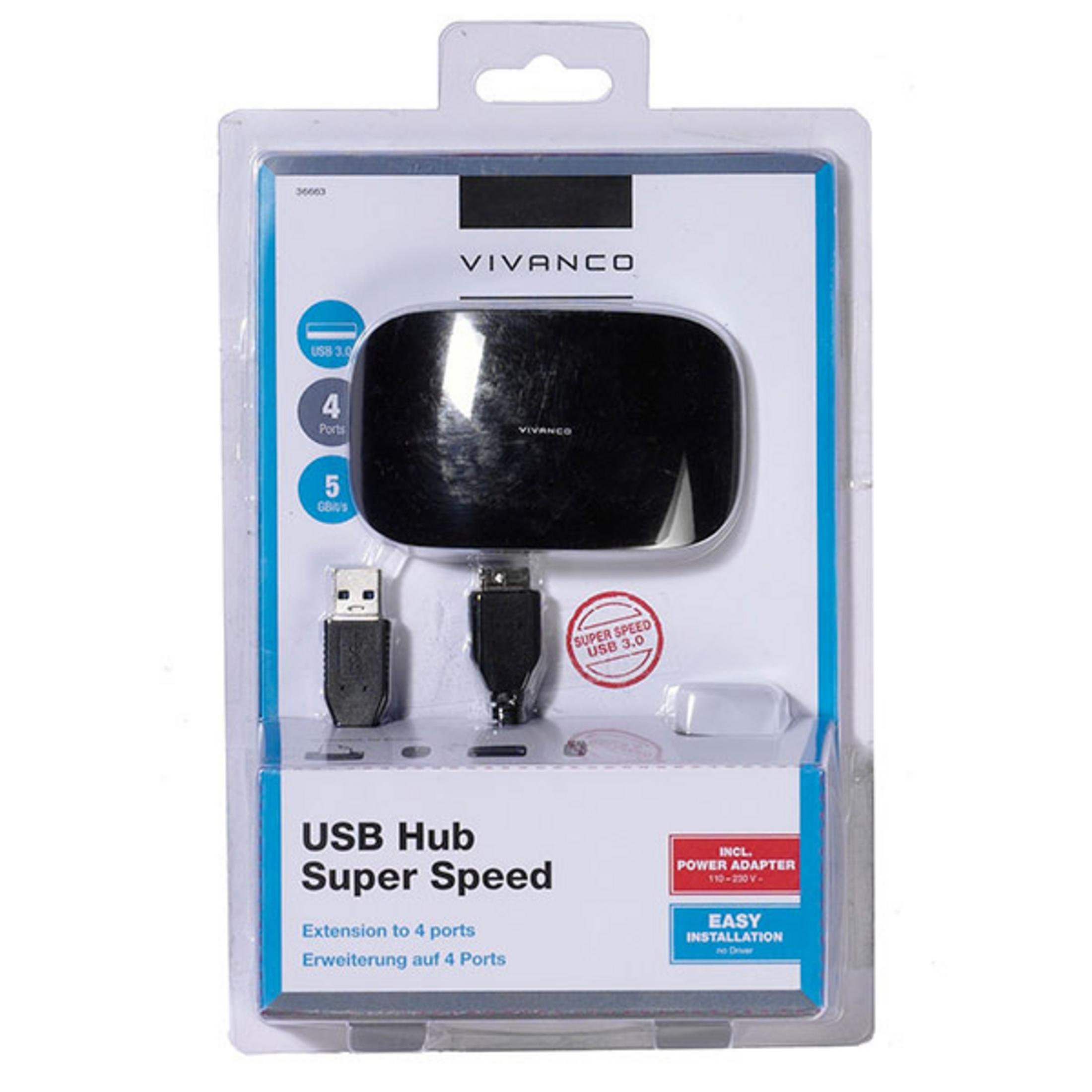 VIVANCO 3, AKTIV, Schwarz 4-PORT 36663 USB HUB, Hub, USB