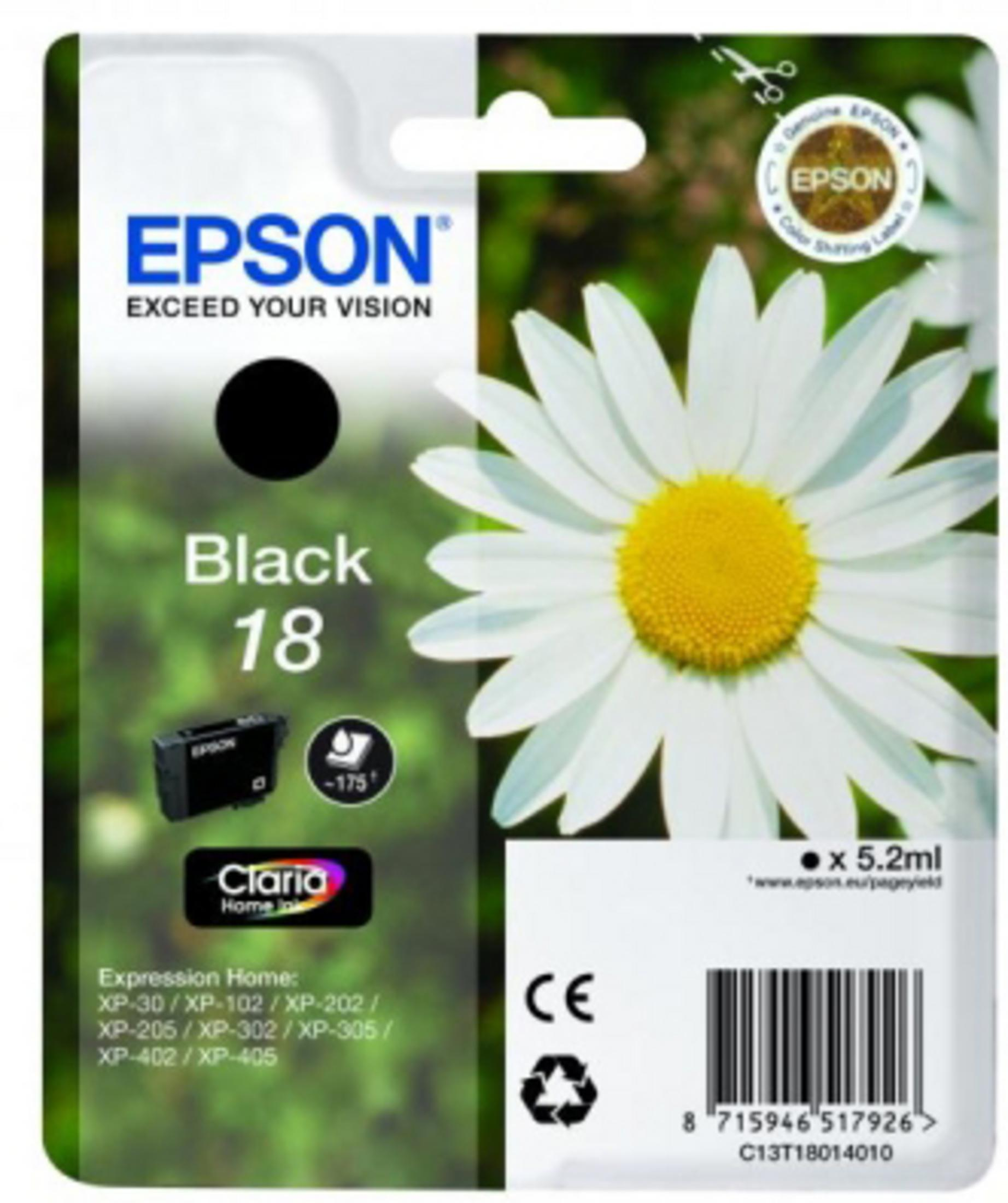 Cartucho de tinta negro Epson. Círculo negro e imagen de margarita en el paquete. Texto: Black 18.