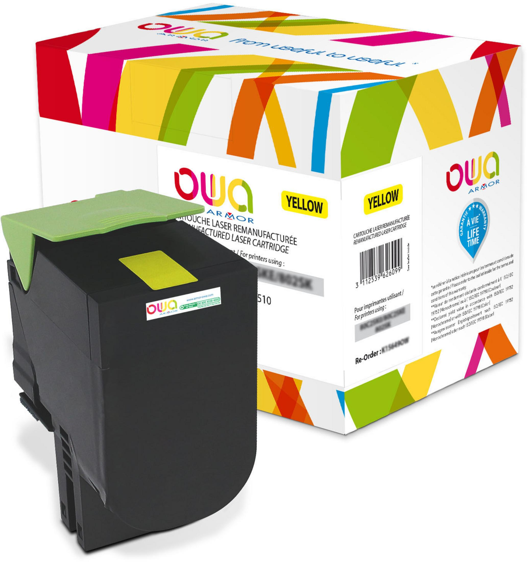 Żółty wkład z tonerem i białe pudełko z kolorowymi kształtami geometrycznymi i tekstem.