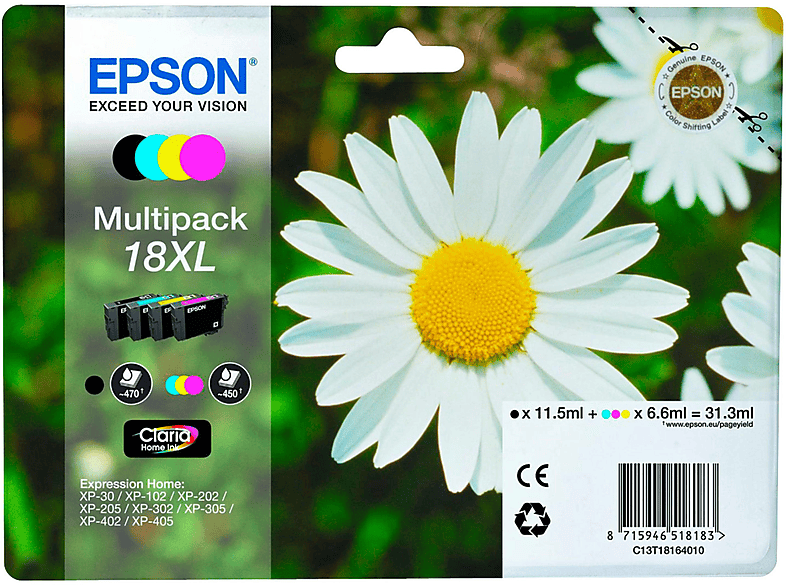 EPSON C13T18164010 XL MULTIPACK 4 mehrfarbig (GÄNSEBLUME) Tintenpatrone FARBEN (C13T18164010)