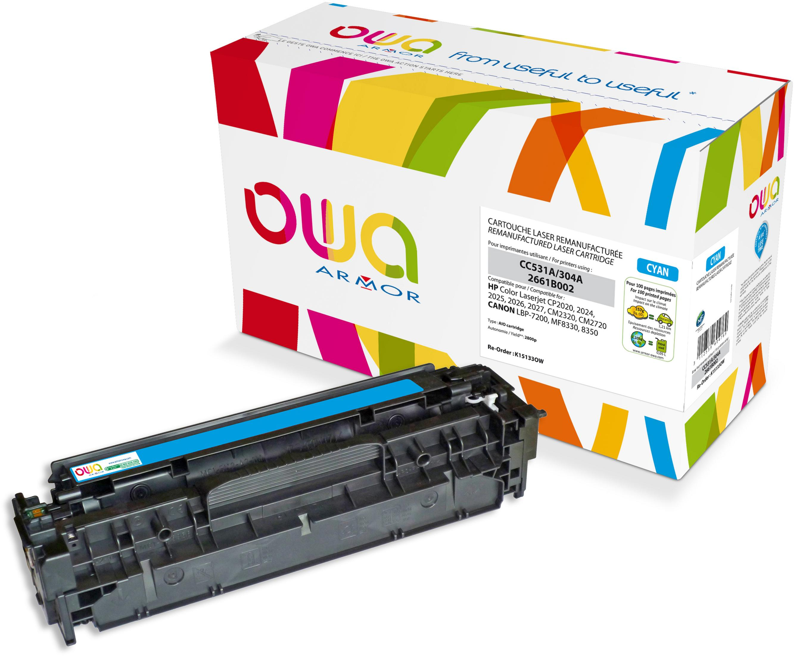 Zyan-Lasertoner-Kartusche in einer bunten Box, auf weißem Hintergrund.
