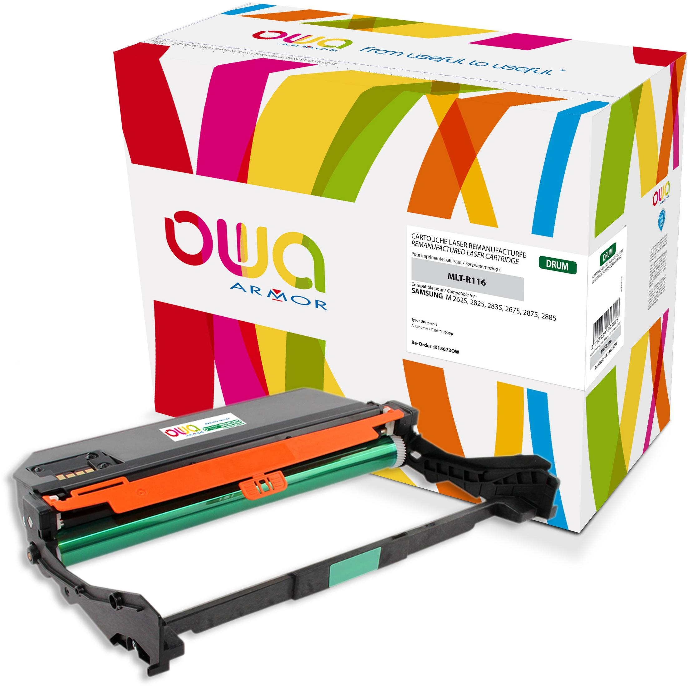 OWA ARMOR MLT-R116 wiederaufbereitete Laserkartusche und ihre farbenfrohe Verpackung.