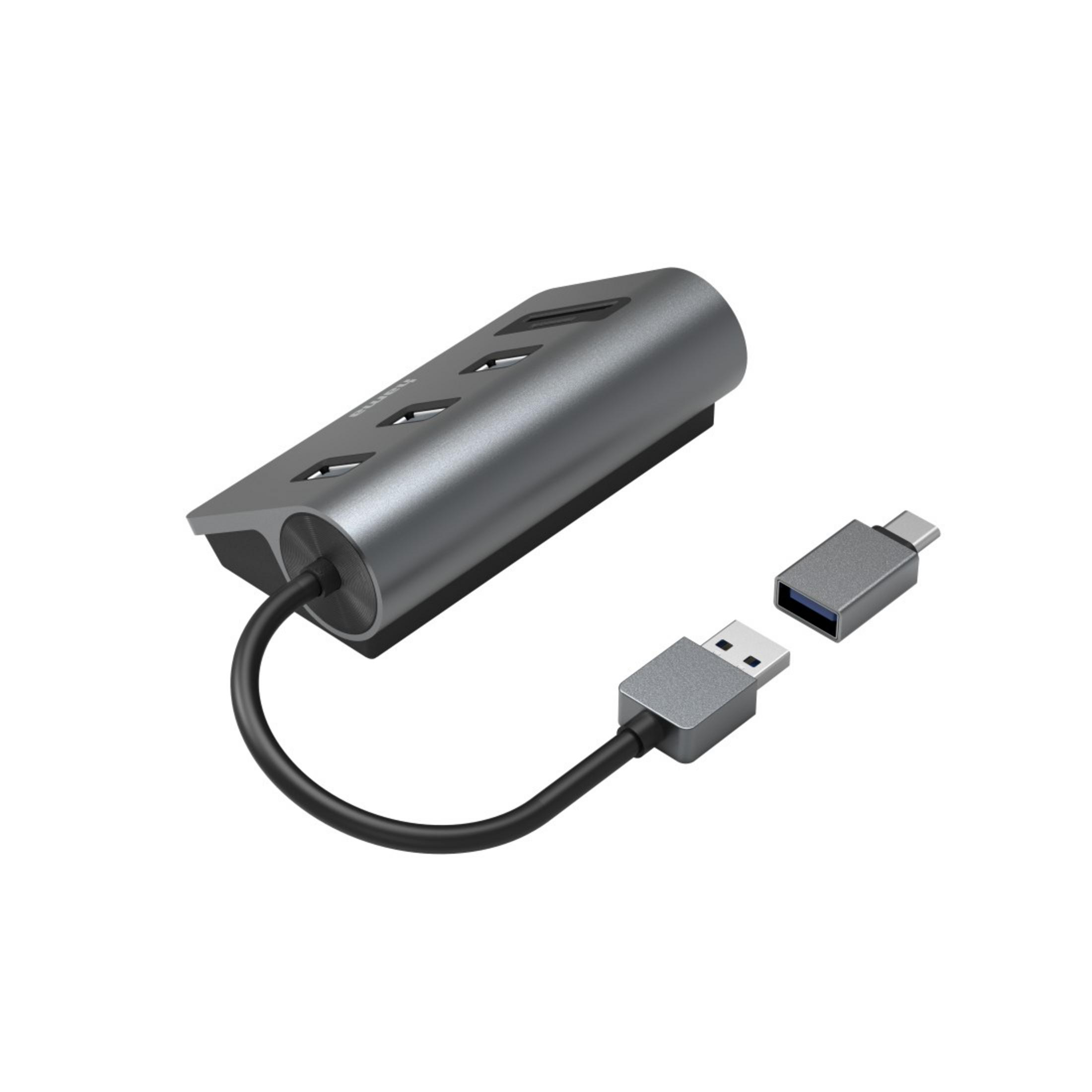 Szary hub USB z wieloma portami i dołączonymi złączami USB i USB-C.