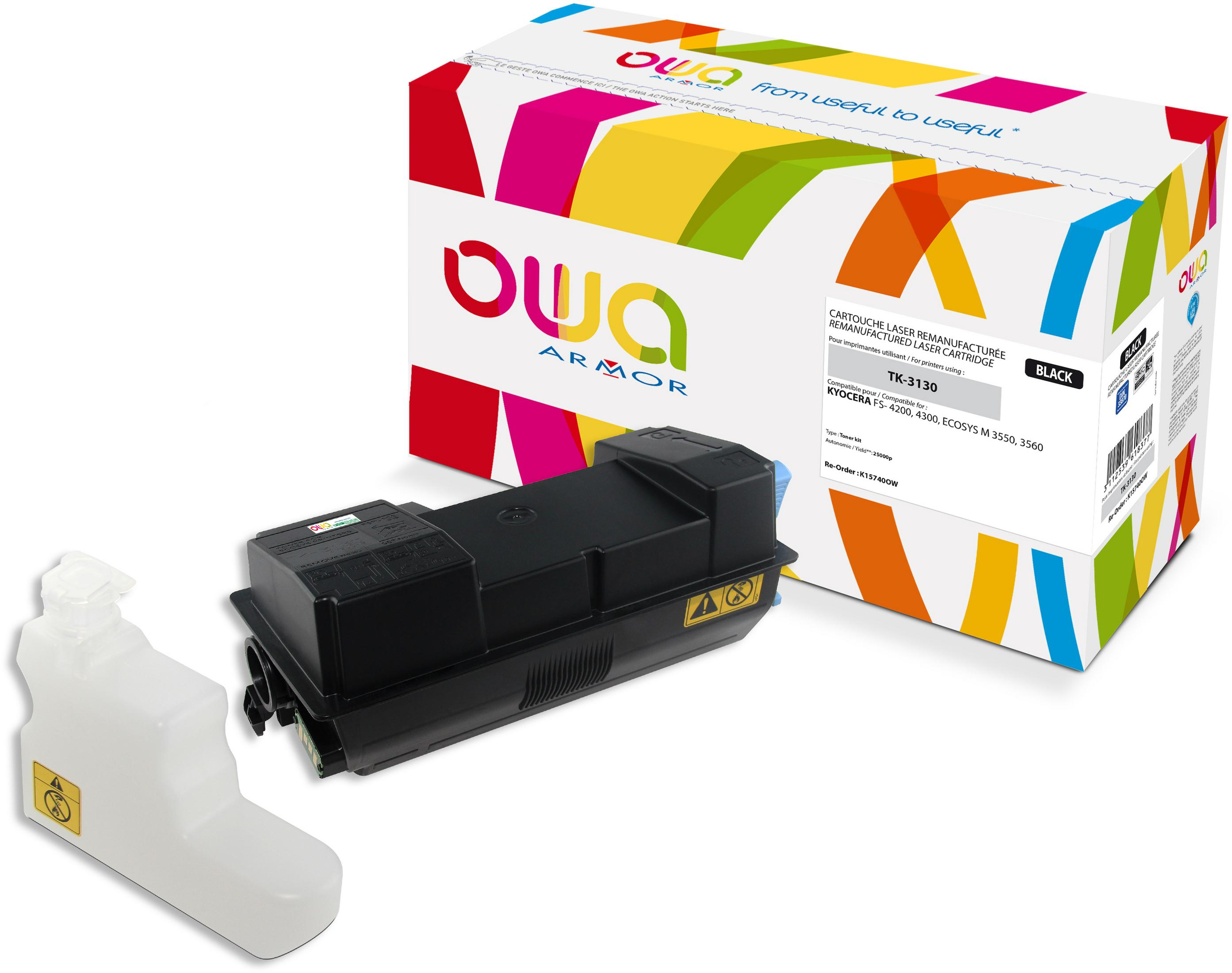 Una cartuccia toner e un flacone di toner di scarto sono mostrati. Entrambi sono in bianco e nero con confezione colorata.