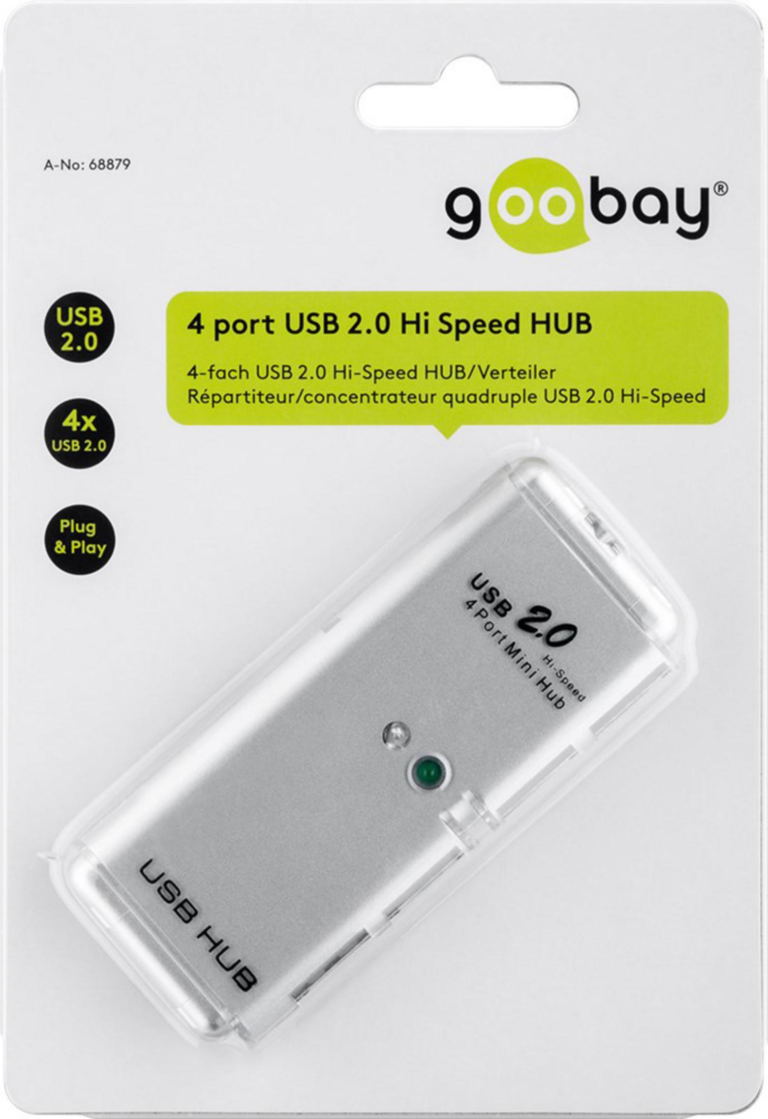 USB-Hub in einer Plastikverpackung. Es hat 4 Anschlüsse und ist als USB 2.0 gekennzeichnet.