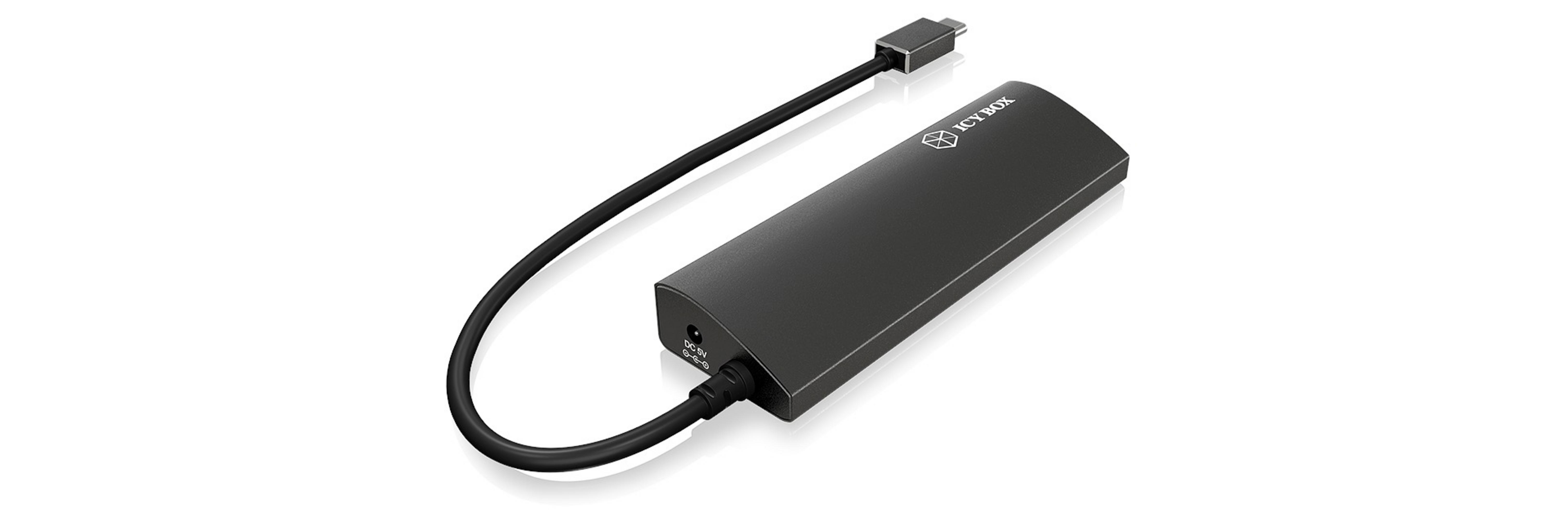 Schwarzer ICY BOX, USB-C-Hub mit Kabel, auf Weiß. Enthält Logo.
