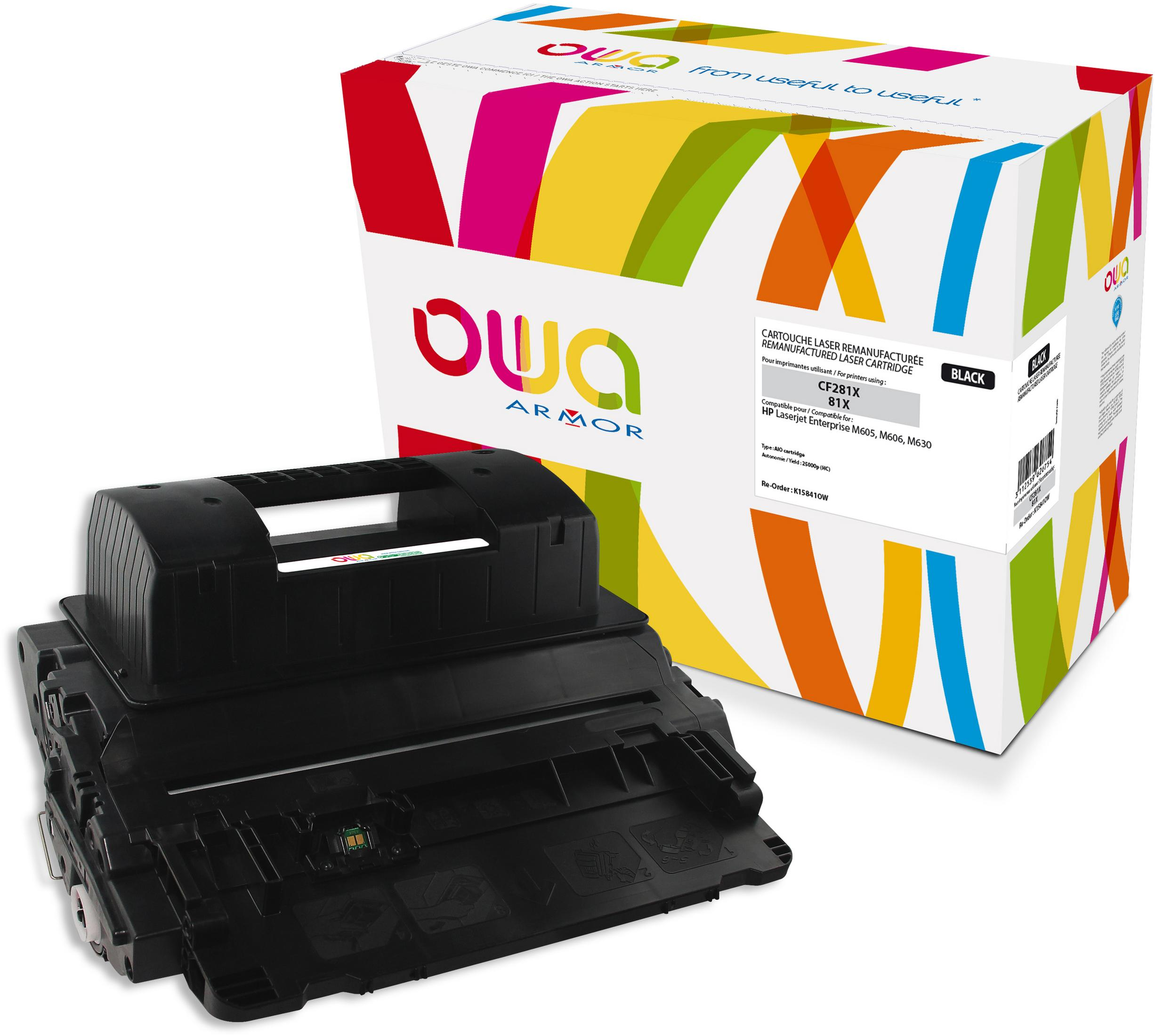 Scatola della cartuccia toner OWA Armor nera e colorata e la cartuccia stessa.