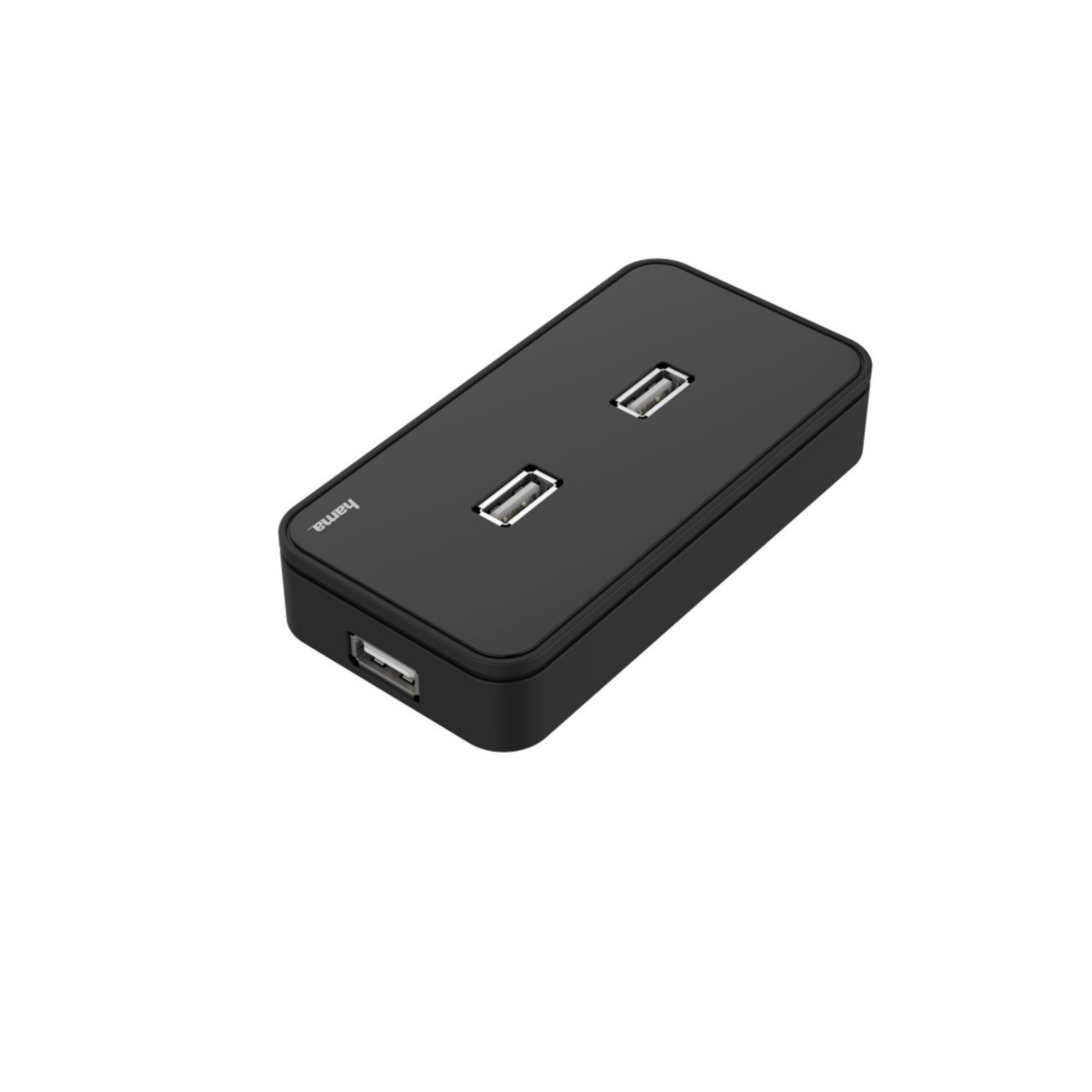 Czarny hub USB Hama z dwoma portami USB. Widoczna nazwa produktu. Białe tło.