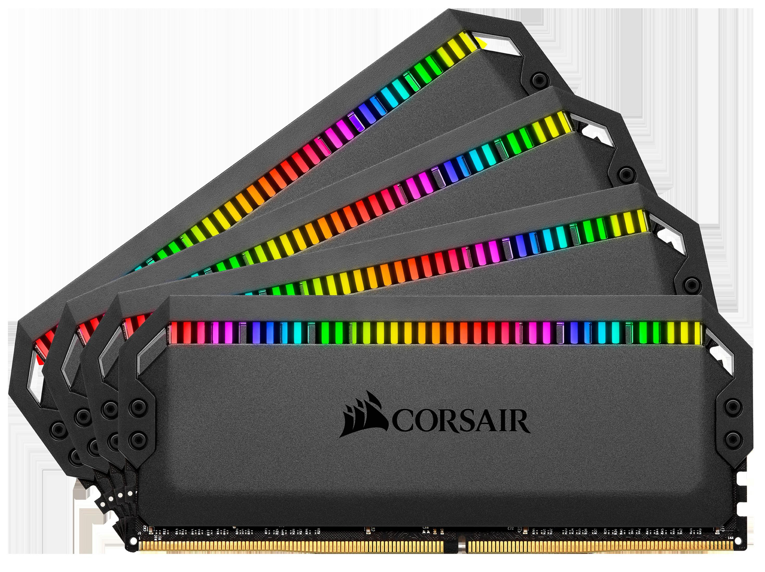 Pięć kości RAM Corsair Vengeance RGB Pro, czarne z kolorowym oświetleniem RGB na górze.