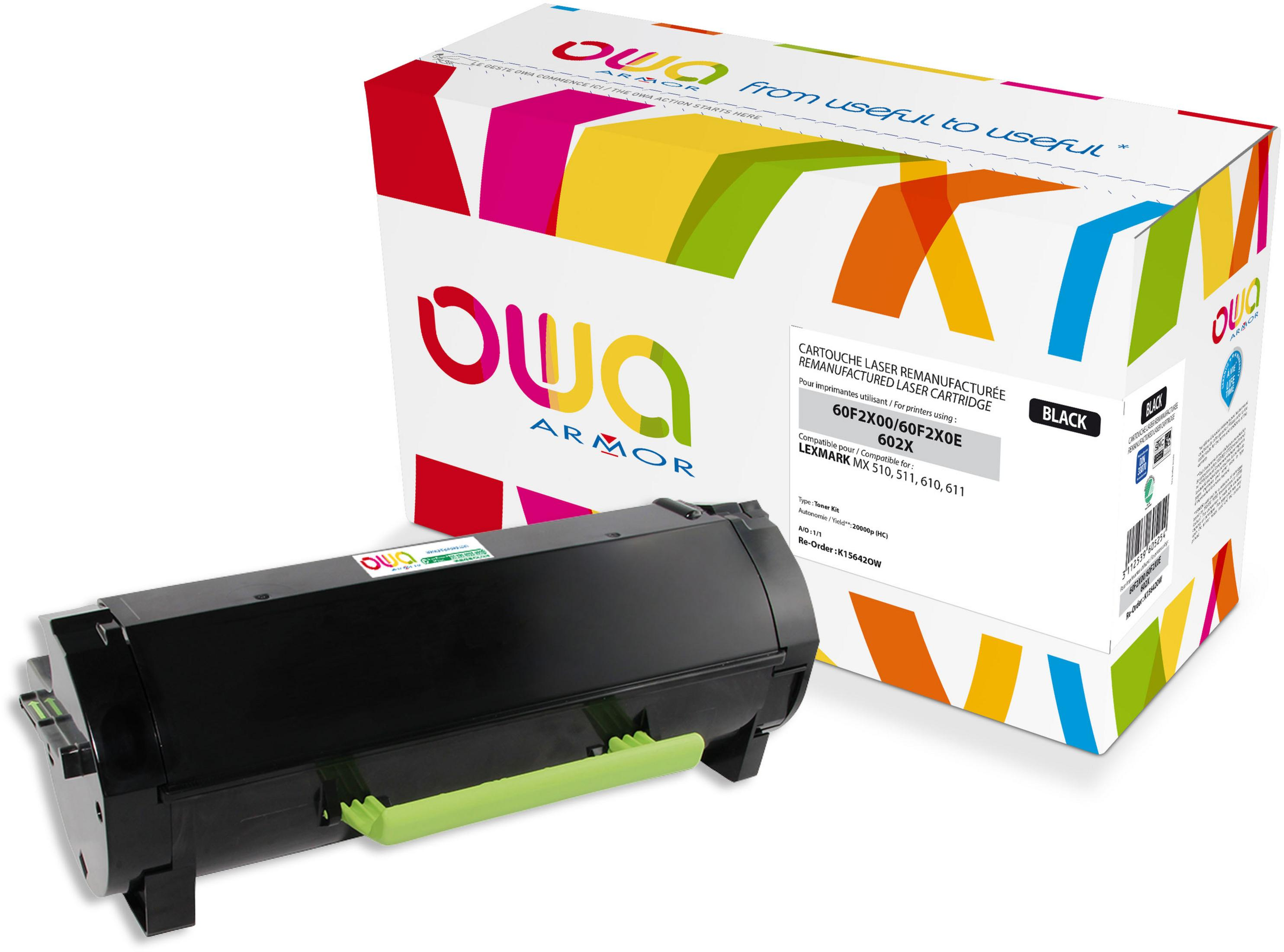 Czarny, regenerowany kartridż laserowy OWA Armor z zielonym uchwytem i pudełkiem.