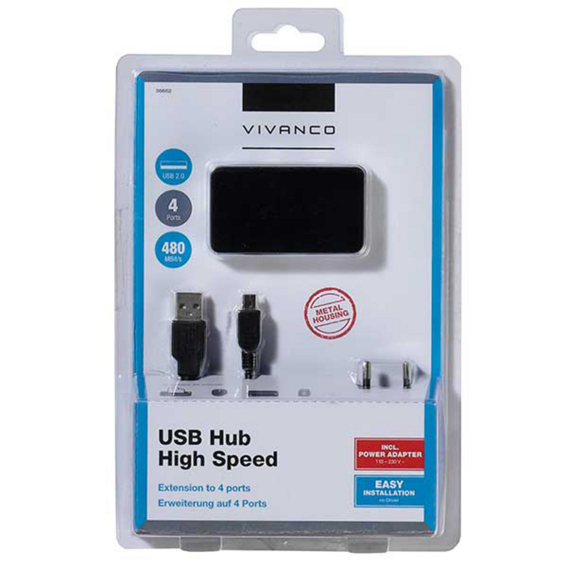 VIVANCO 36662 HUB, 4-PORT, AKTIV, Silber/Schwarz Hub, USB