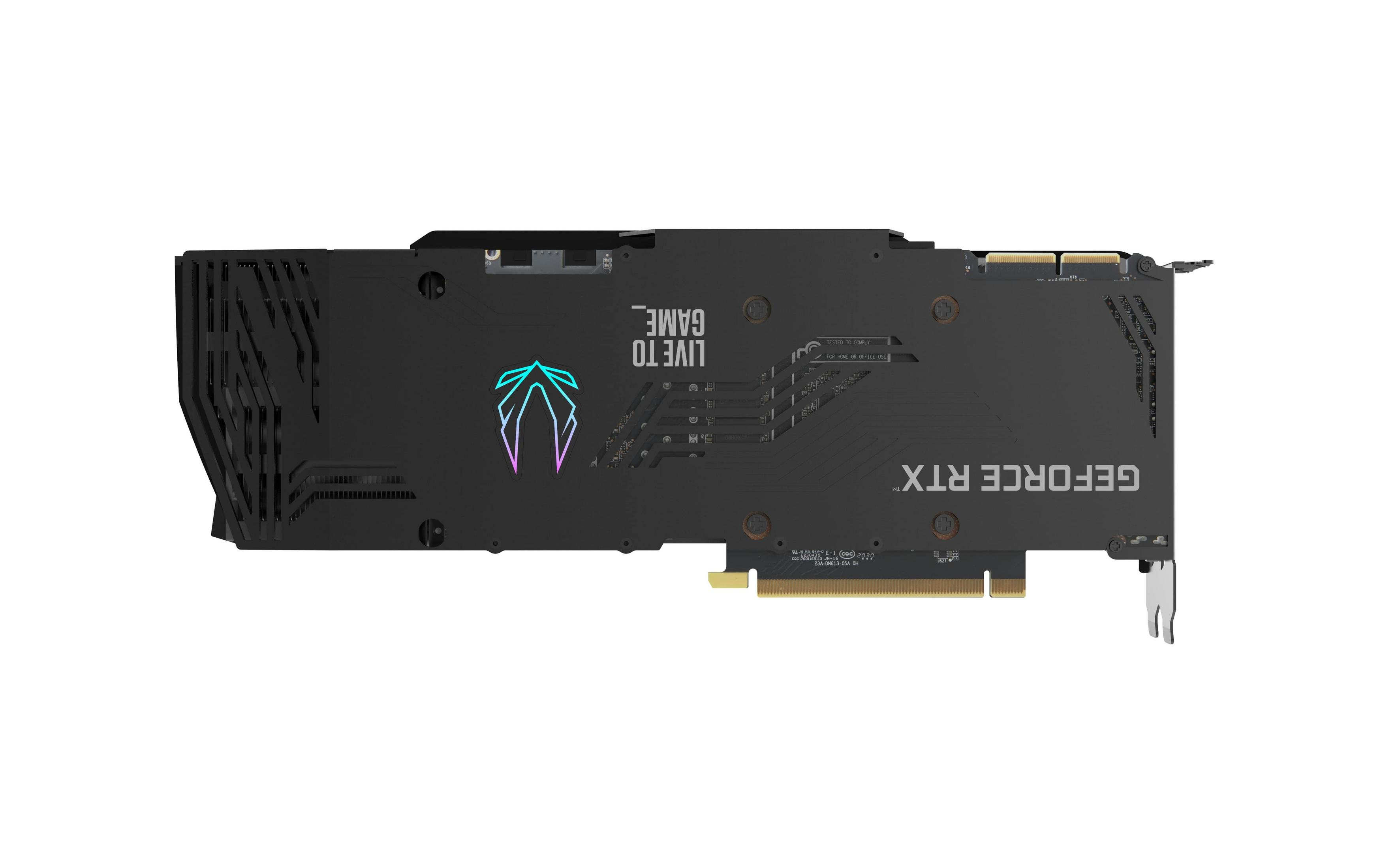 Eine schwarze Grafikkarte mit dem Text "LIVE TO GAME" und "GEFORCE RTX" sichtbar.