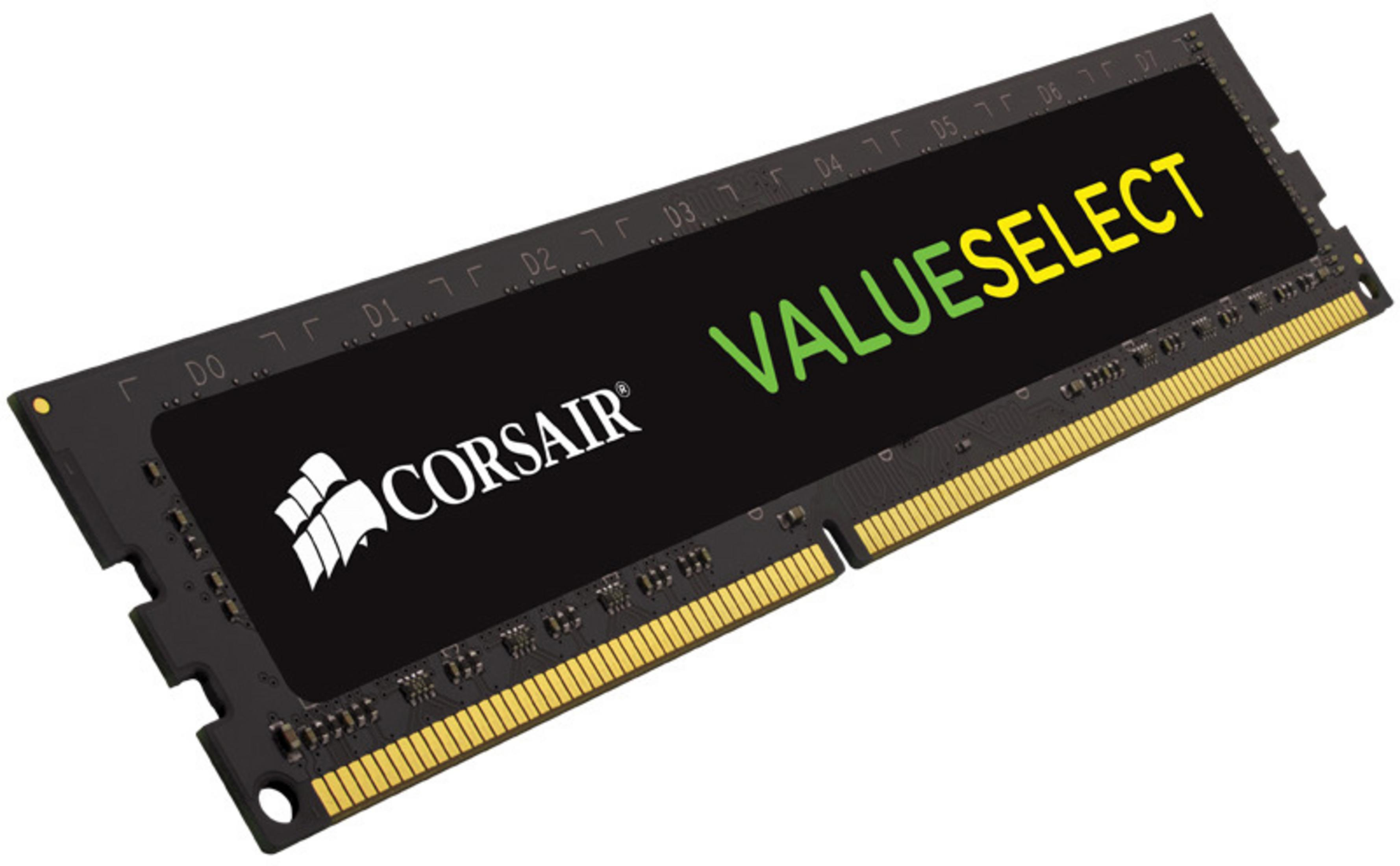 Memoria RAM Corsair ValueSelect, nera con connettori dorati.