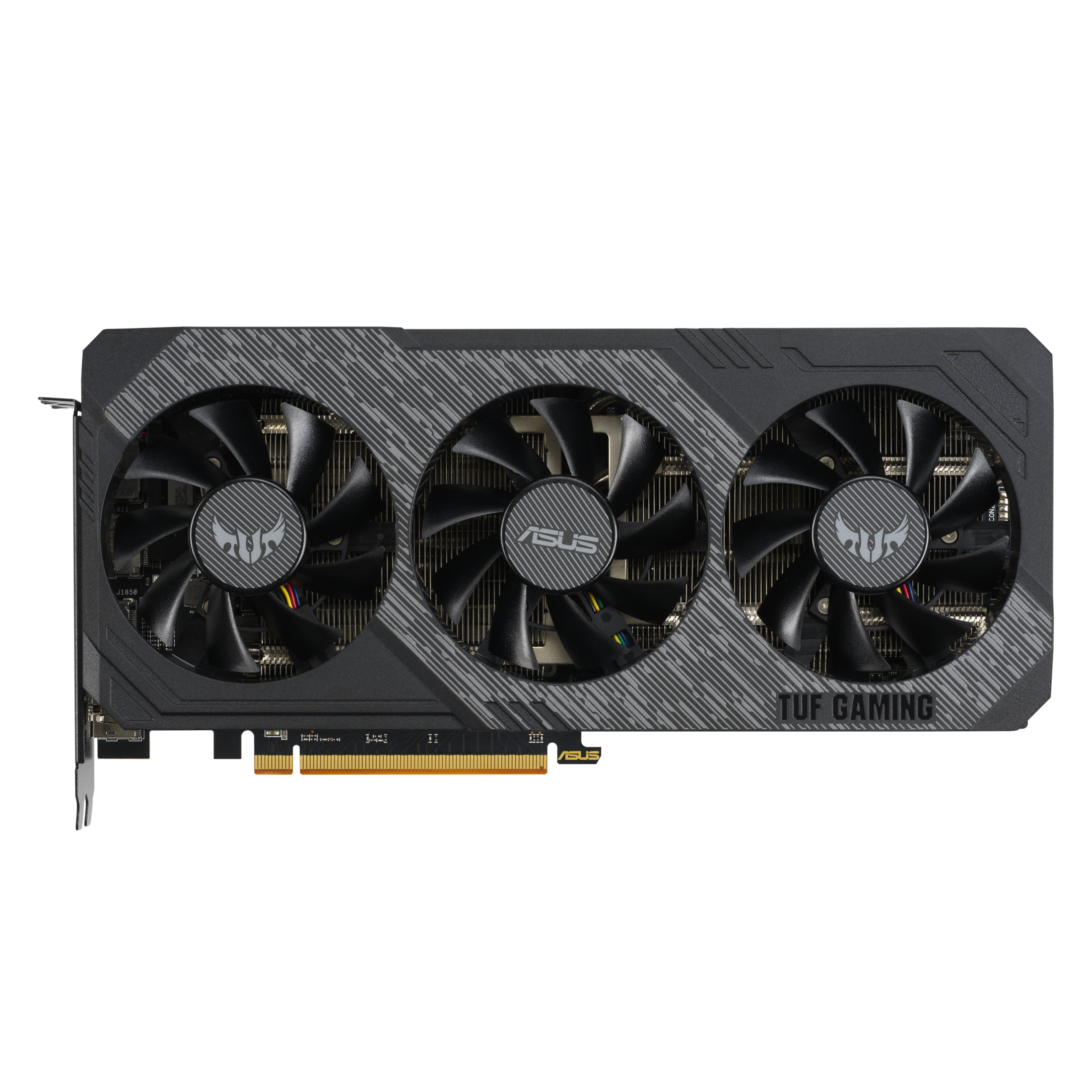 Eine Computergrafikkarte mit drei Lüftern. Sie hat ein schwarz-graues Design.