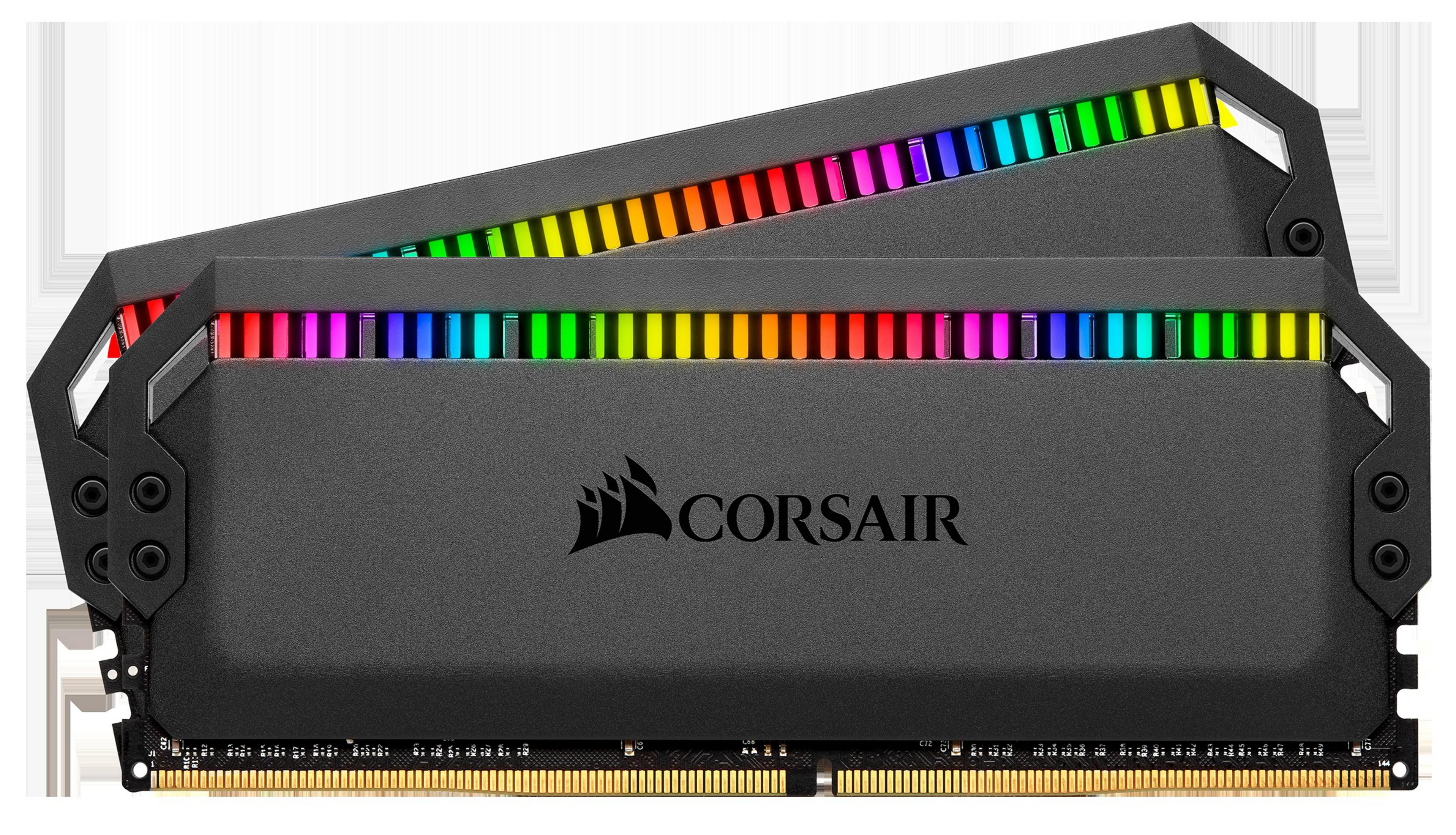 Dwa czarne moduły RAM Corsair z podświetleniem RGB.