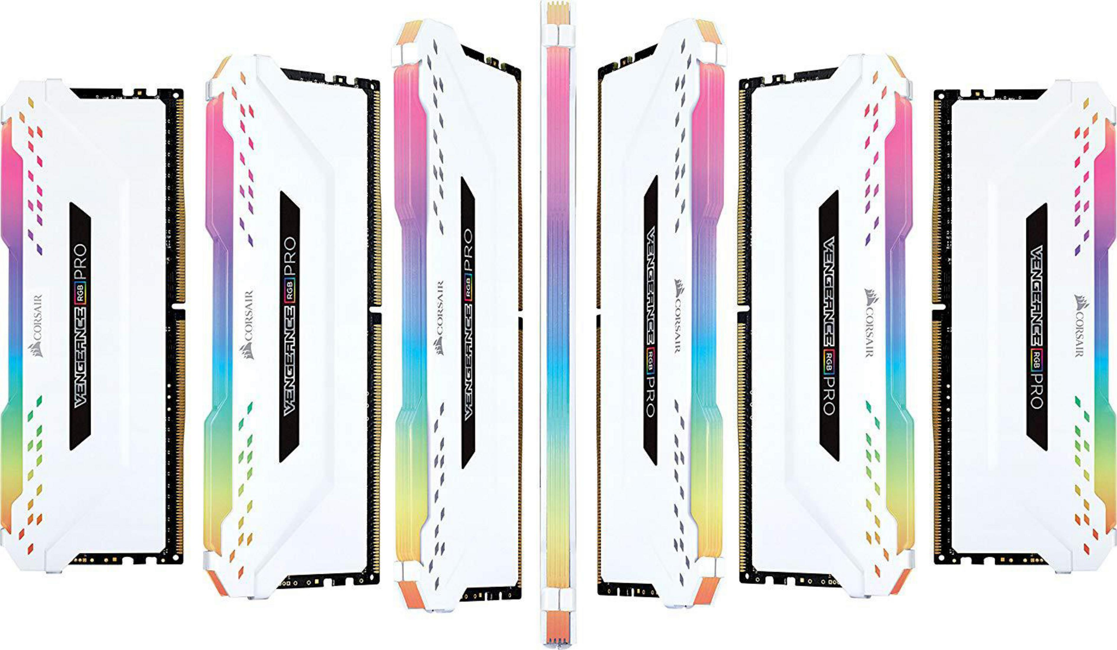 Wiele białych kości RAM z tęczowymi kolorami i tekstem. Białe tło.