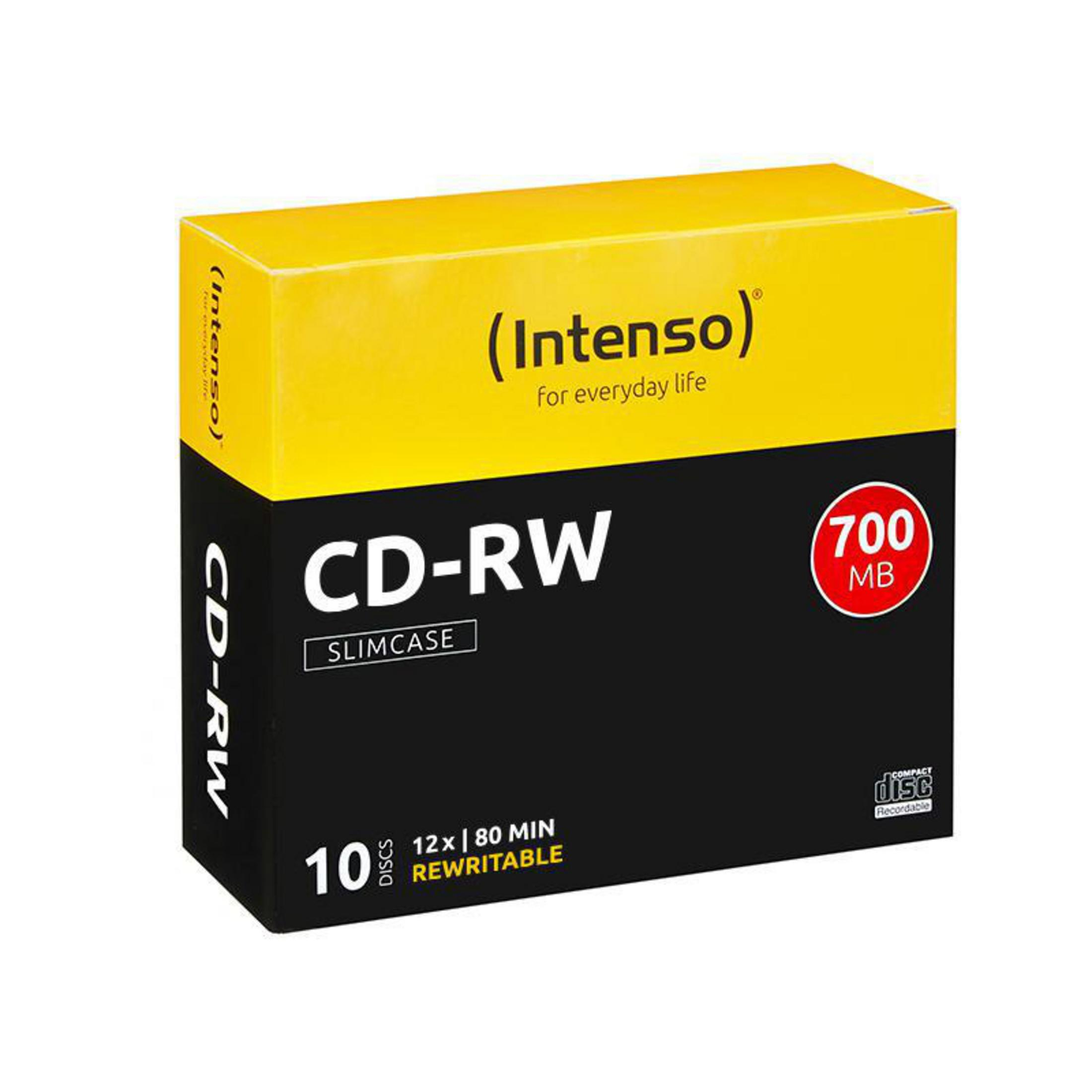 Disco CD-RW en caja amarilla y negra con texto. Fondo blanco. Logotipo de disco compacto.