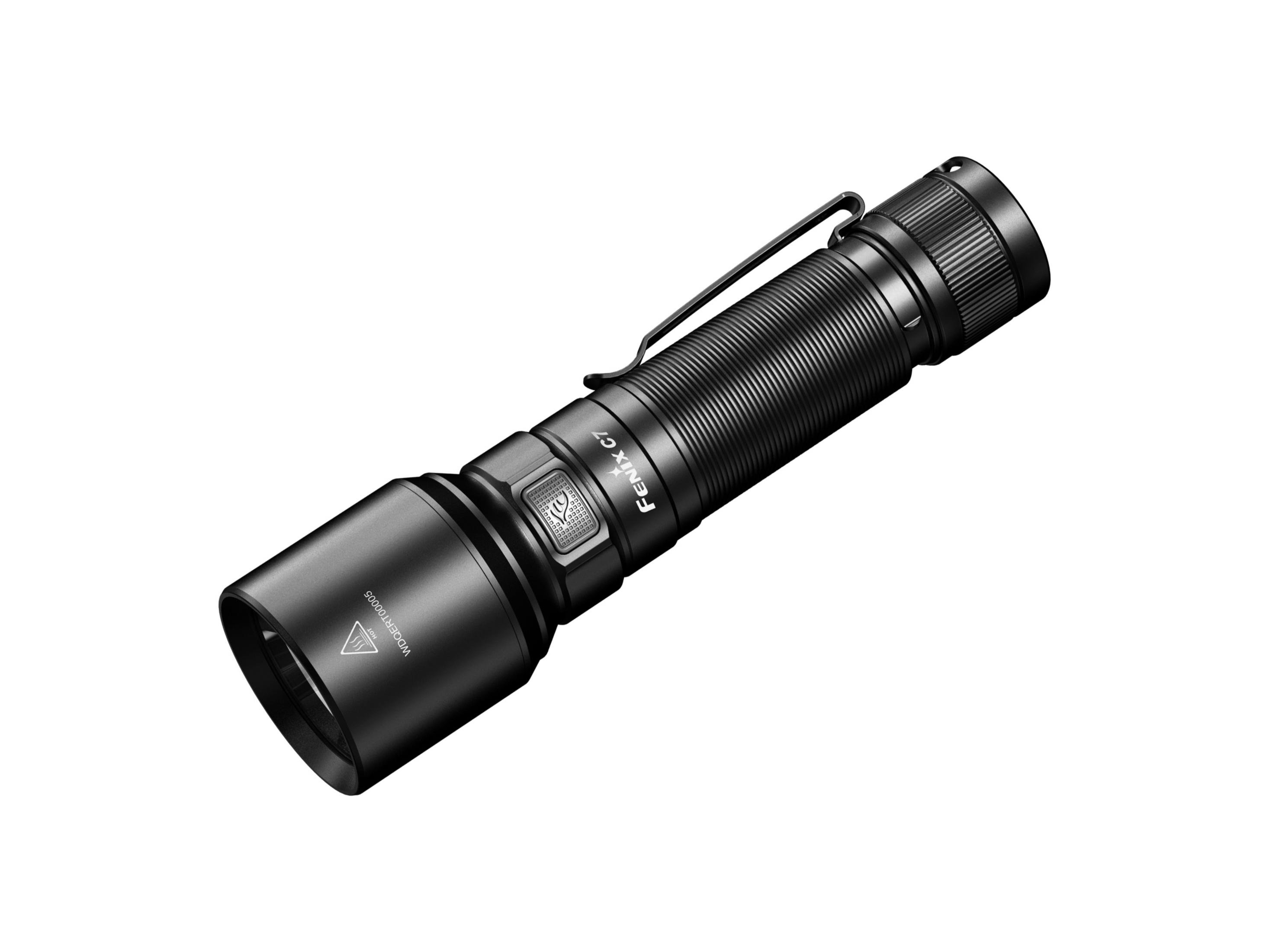 Schwarze Taschenlampe mit Clip und Markennamen. Weißer Hintergrund.