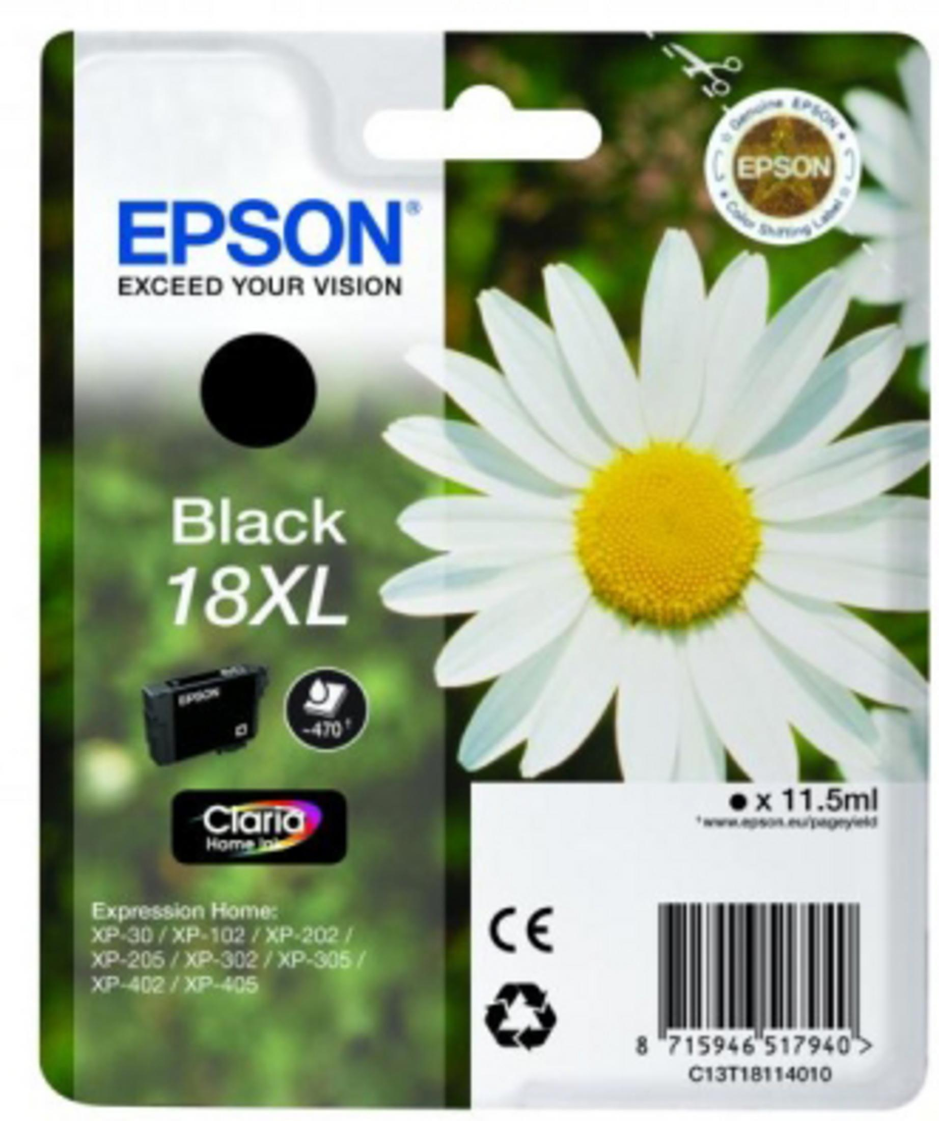 Un paquete de tinta Epson. El empaque es blanco y tiene una margarita y un cartucho de tinta negra.