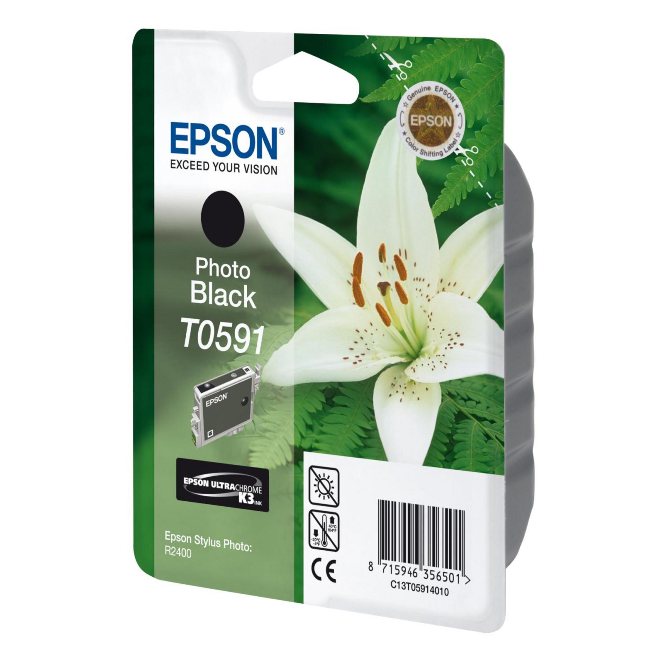 Confezione cartuccia inchiostro Epson. Inchiostro nero e giglio sulla confezione.