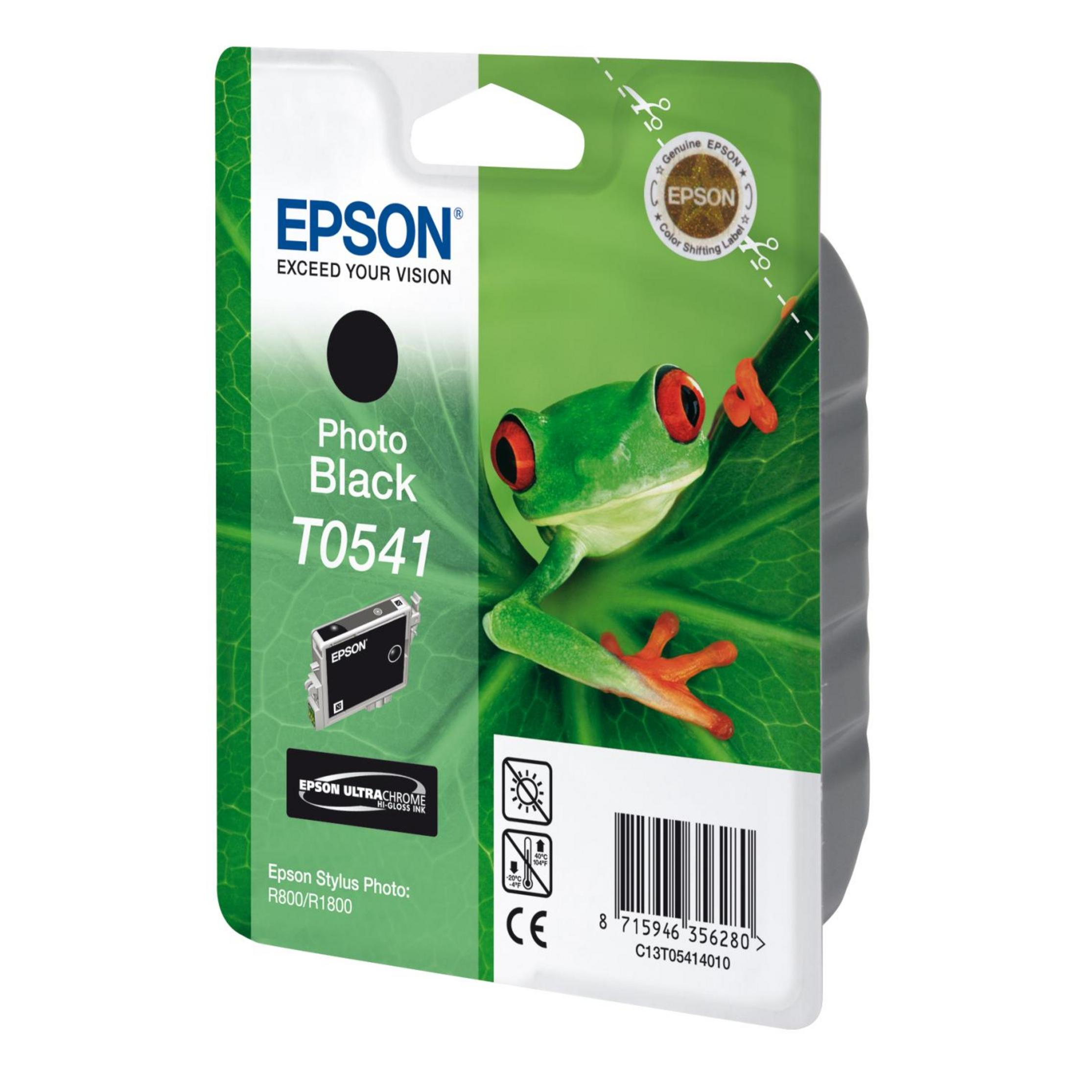 Paquete de cartuchos de tinta Epson con cartucho Photo Black y una rana en una hoja.