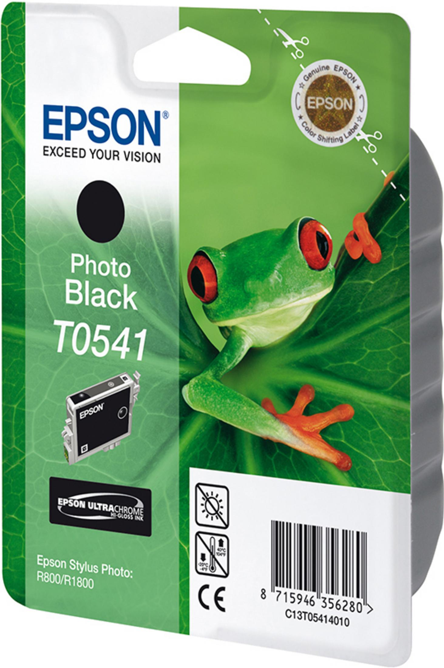 Cartucho de tinta Epson. El cartucho está en un paquete con una rana en la parte delantera. La tinta es negra.