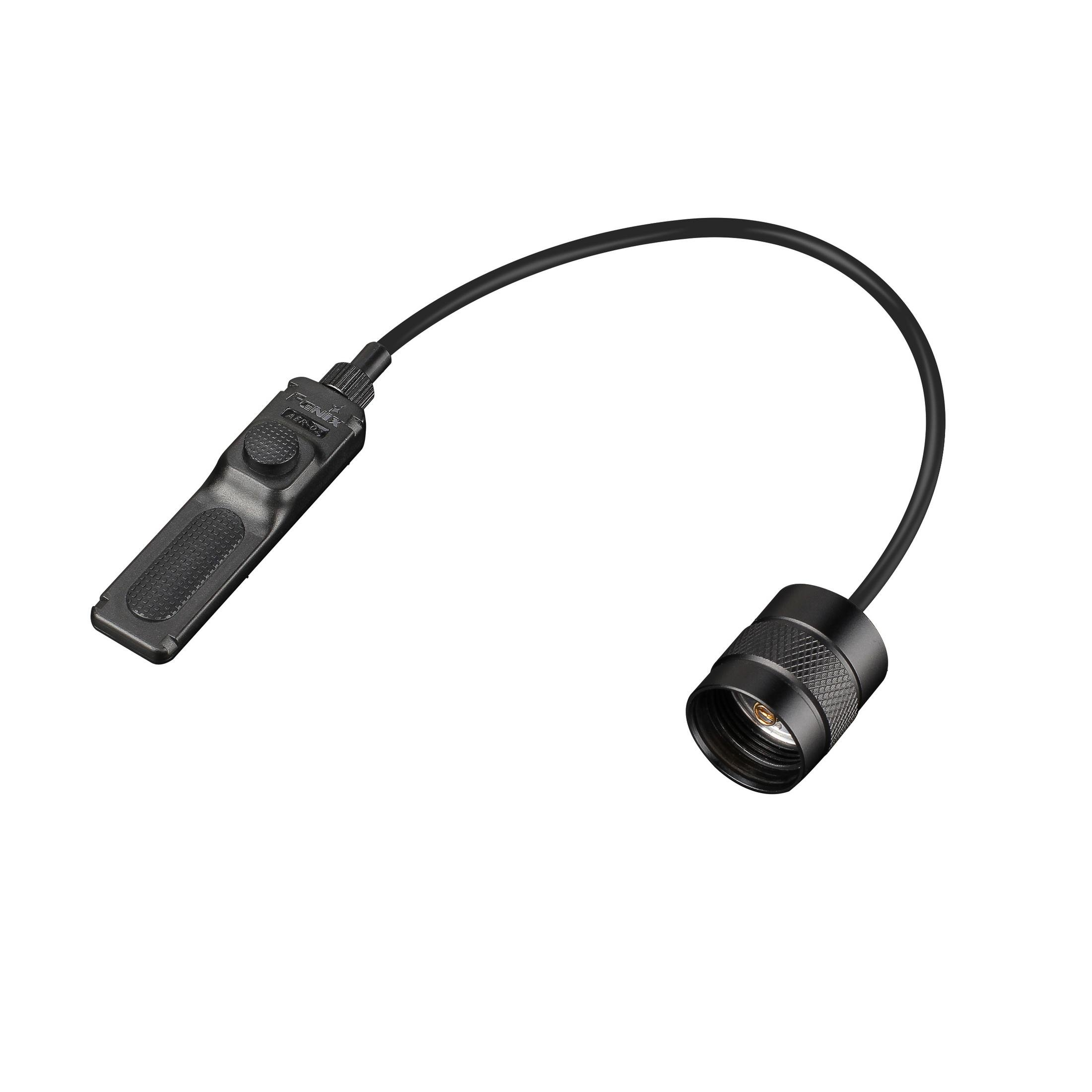 Ein schwarzer Schalter mit einem Kabel und einem Stecker am Ende.