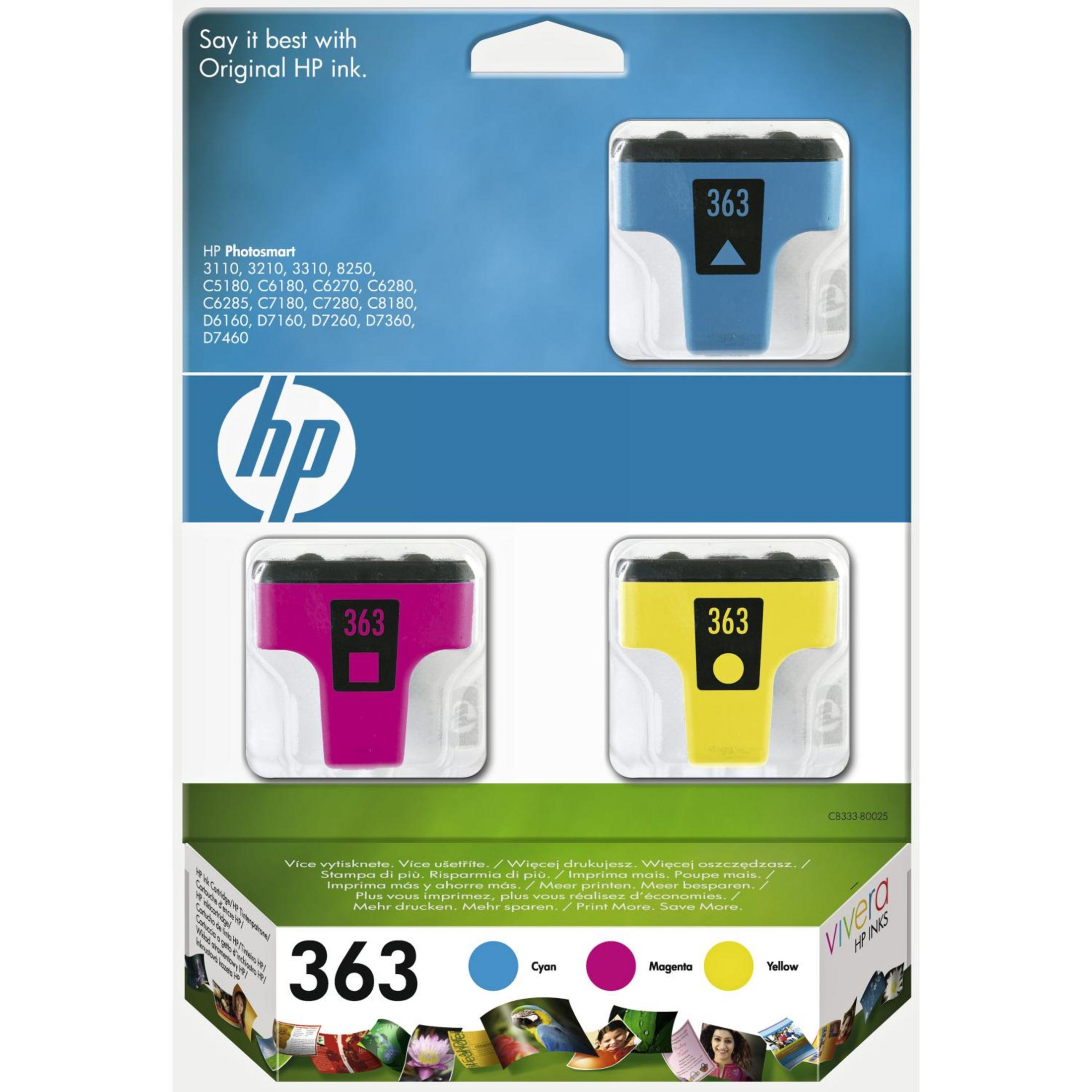 Un pacco di cartucce di inchiostro HP con cartucce blu, magenta e gialle.