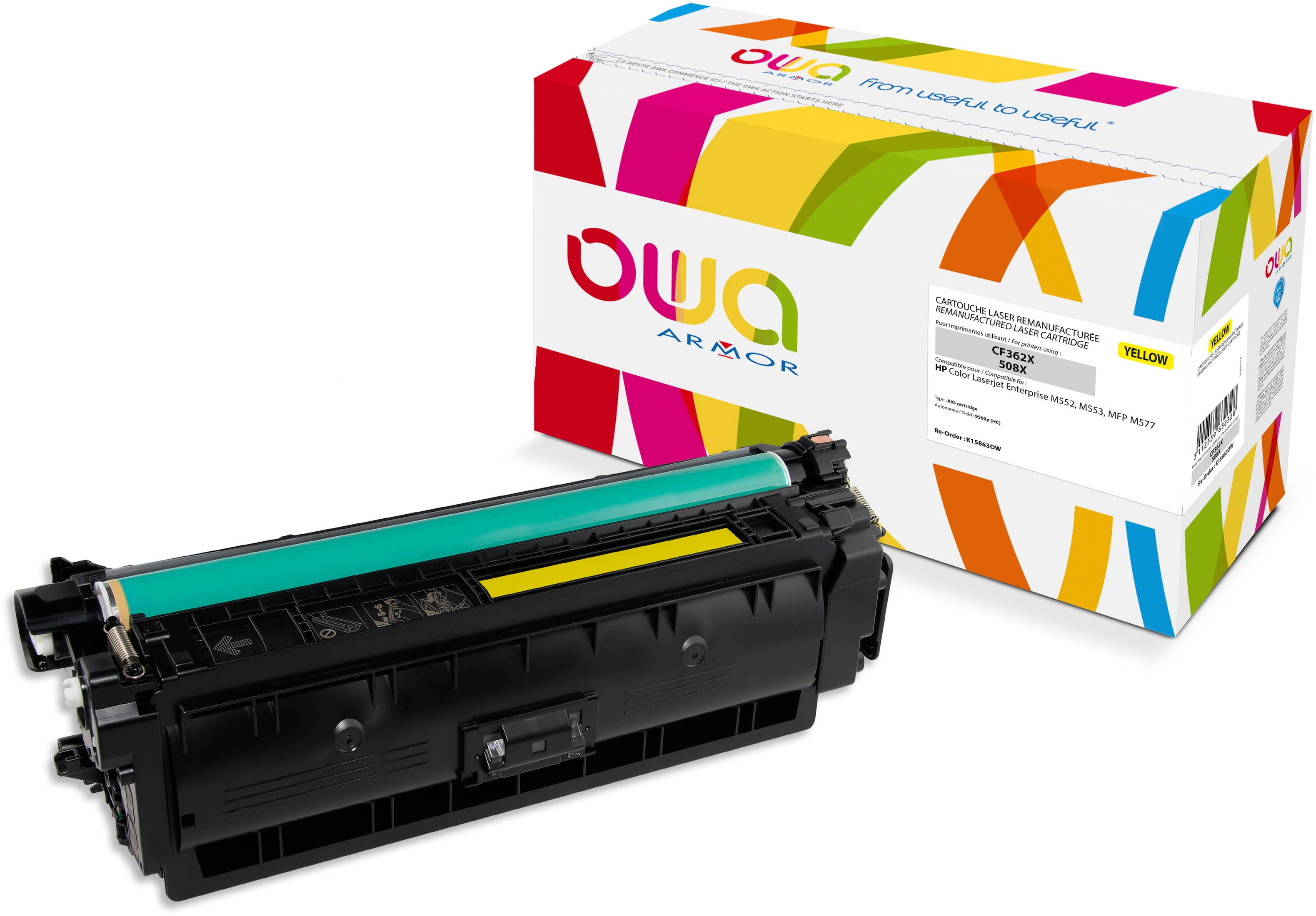 Una cartuccia toner nera e una scatola OWA Armor colorata con testo giallo.