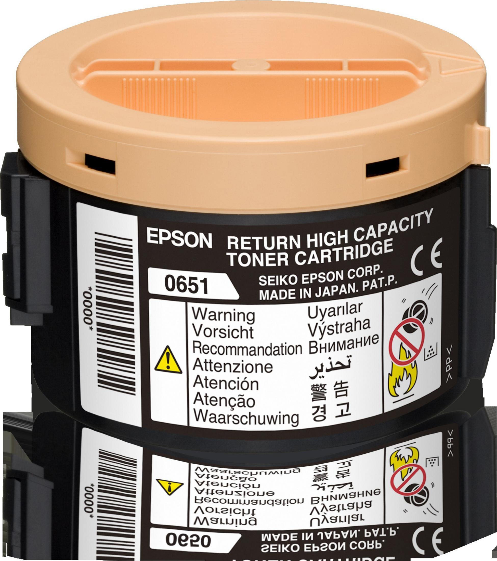 Cartuccia toner Epson. Nero e beige, con etichette di avvertenza e un codice a barre.